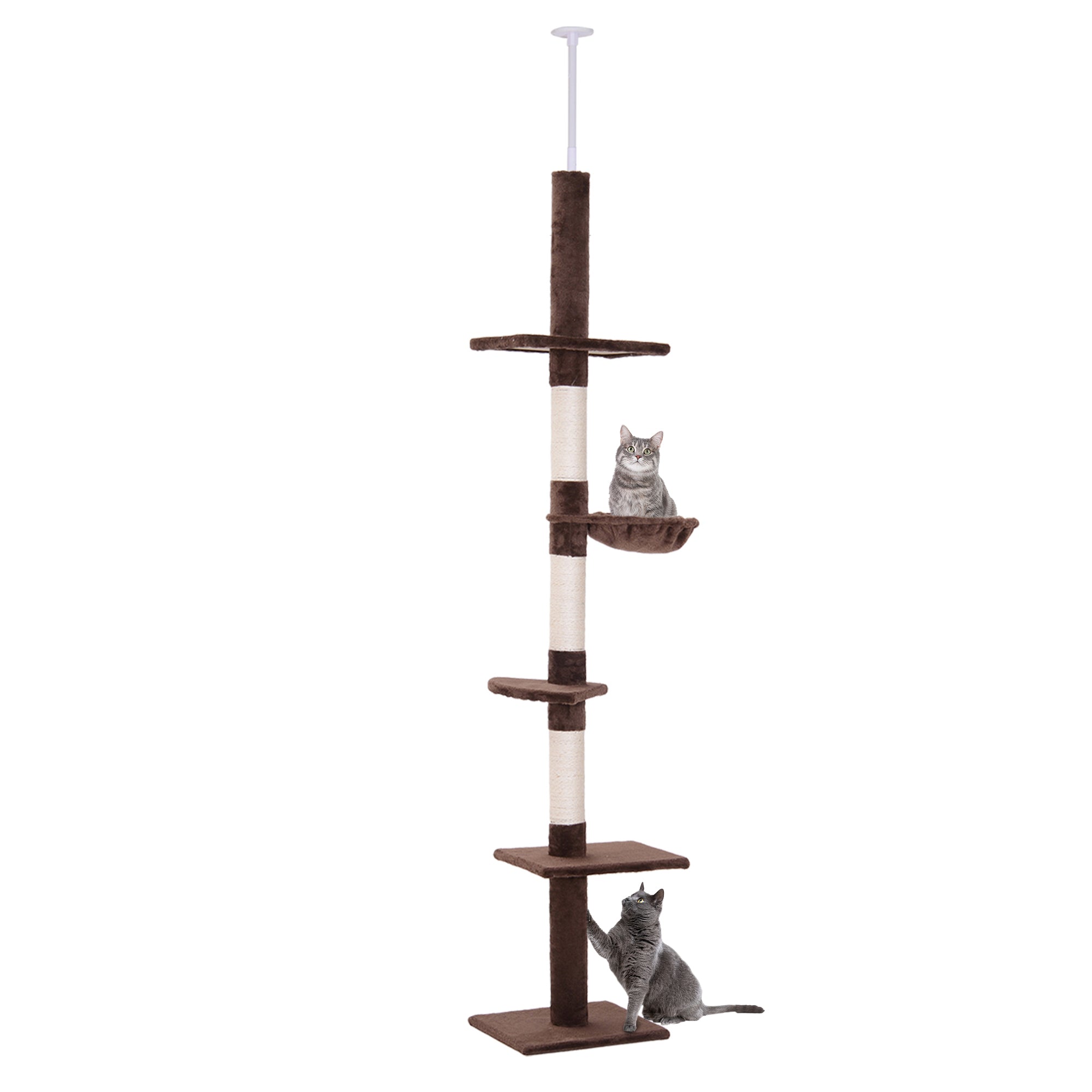 PawHut Floor to Ceiling Cat Tree Height Adjustable 230-260cm, 5-Tier Cat Tower with Scratching Post, Hammock, Perches, Climbing Activity Centre for Indoor Kittens, Brown