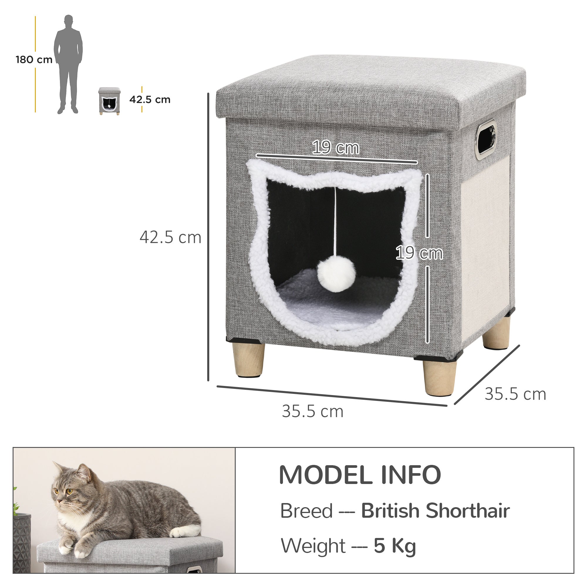 PawHut Cat House Cave, Cat Bed Cube with Scratching Pad, Soft Detachable & Washable Cushion, Toy Ball, for Indoor Kittens, Grey