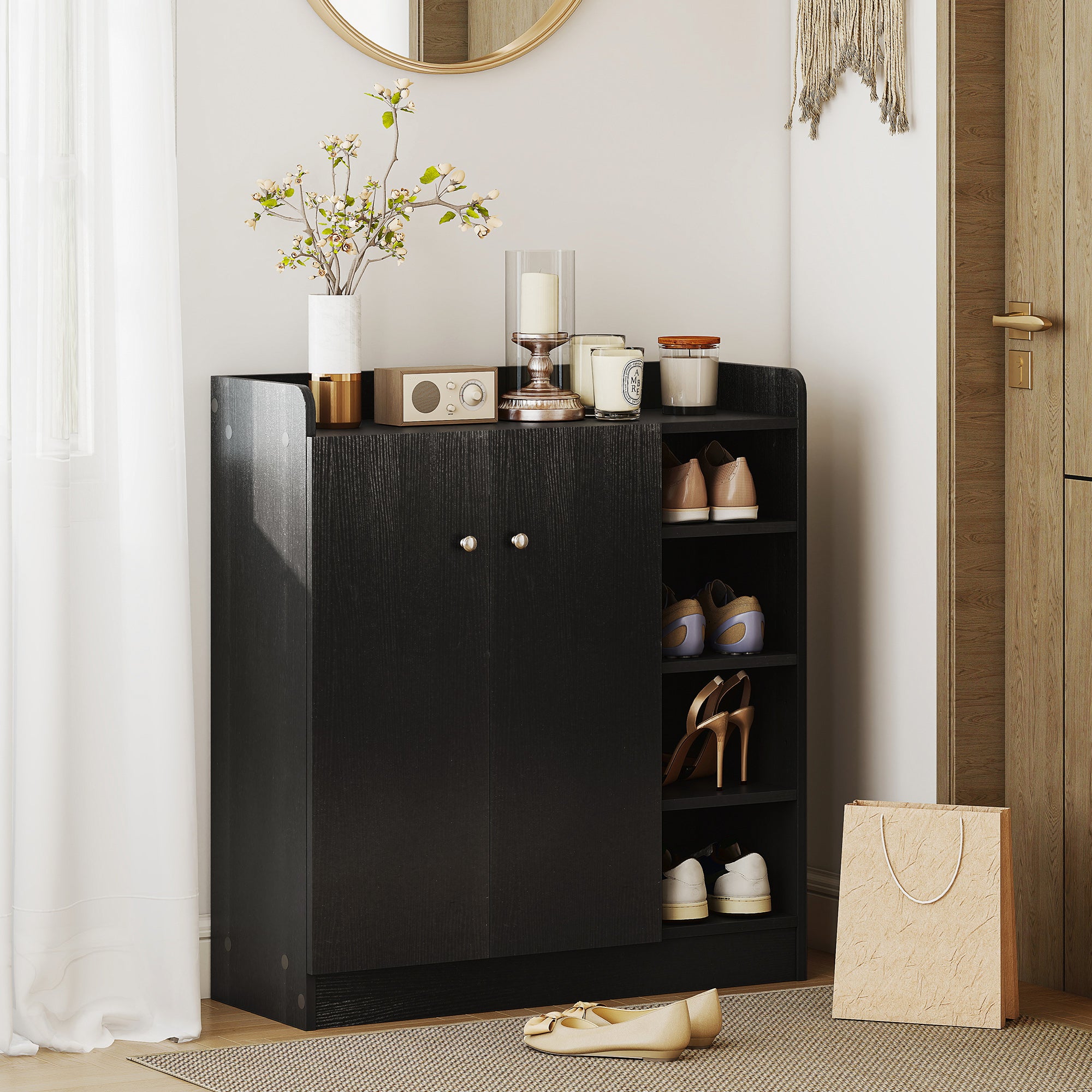 HOMCOM Shoe Storage Cabinet with Adjustable Shelves - Black