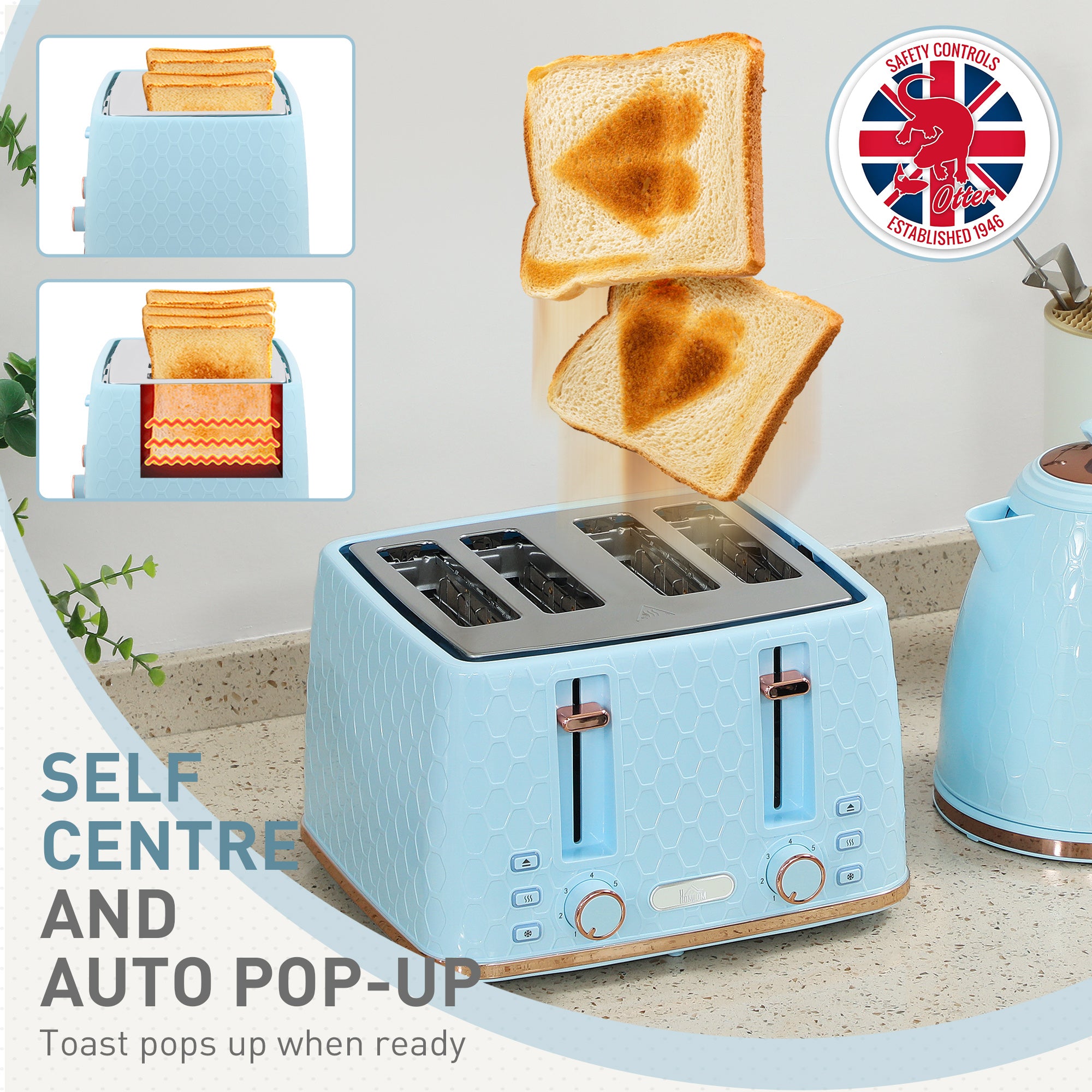 HOMCOM Kettle and Toaster Set, 1.7L 3000W Fast Boil Jug Kettle, 4 Slice Toaster with 7 Level Browning Controls, Light Blue