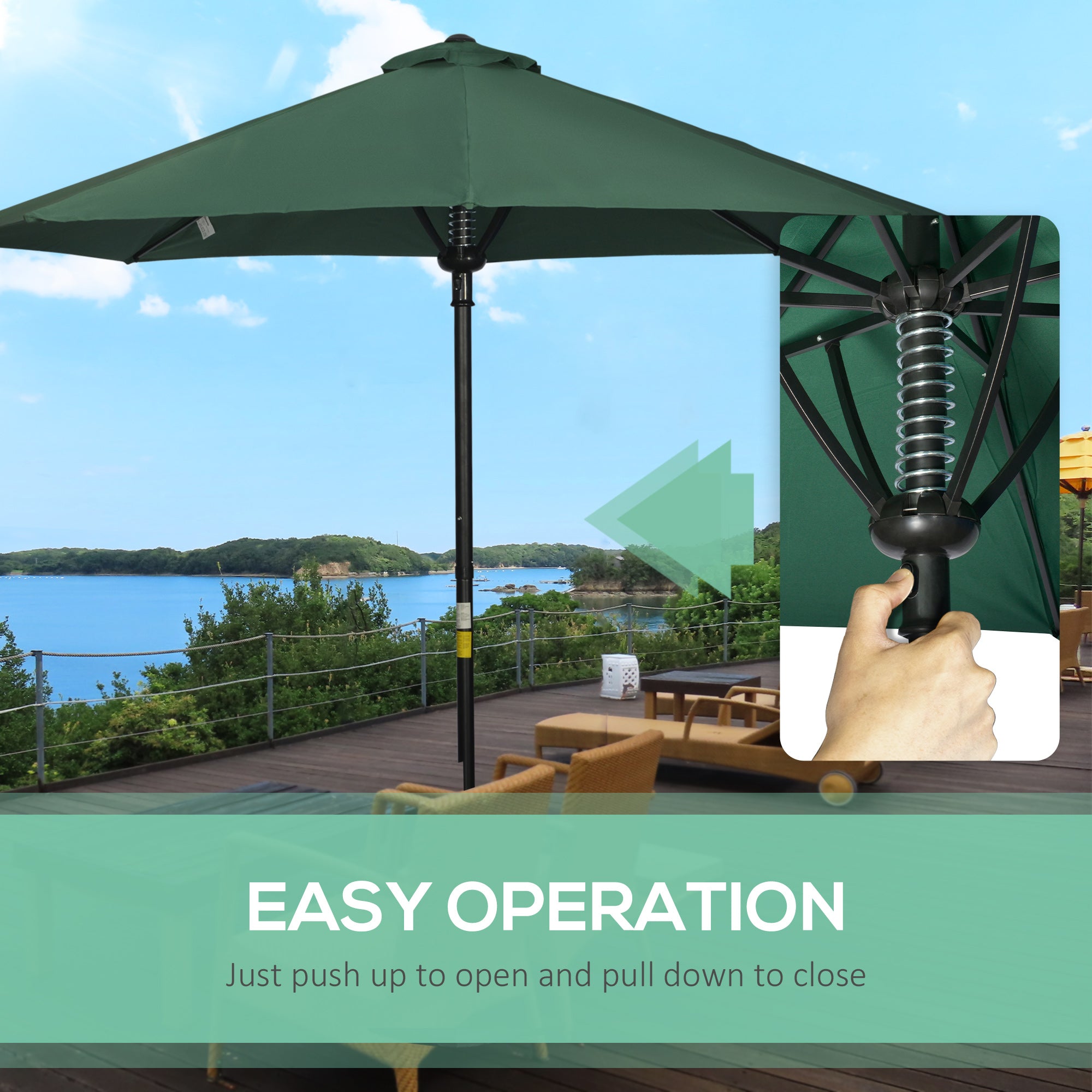 Outsunny Garden 3 m Parasol Umbrella, Outdoor Market Table Umbrella Sun Shade Canopy with 8 Ribs, Easy Push to Open, Green