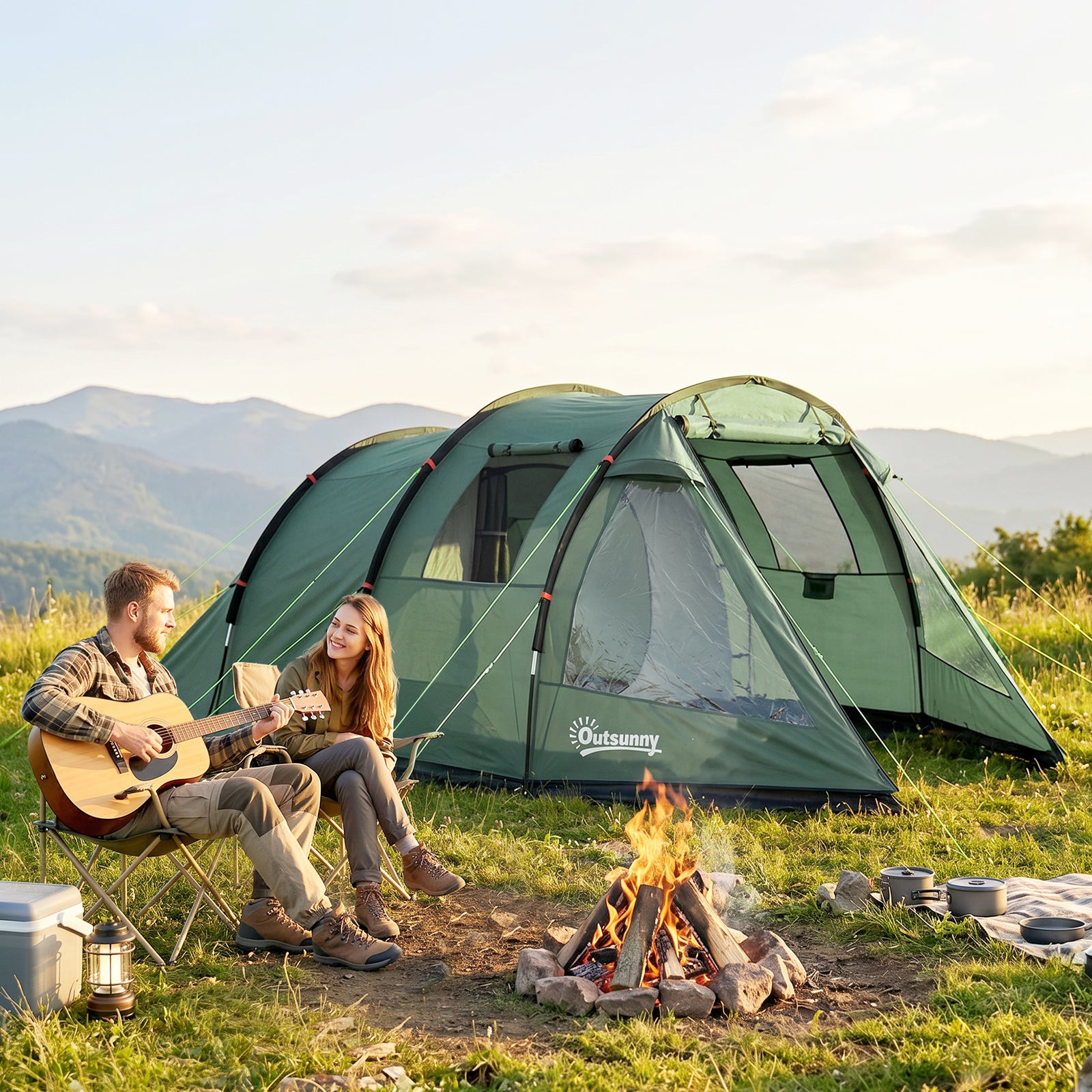 Outsunny Two Room Tunnel Tent Camping Tent for 3 Man with Windows, Covers, Carry Bag, for Fishing, Hiking, Sports, Green