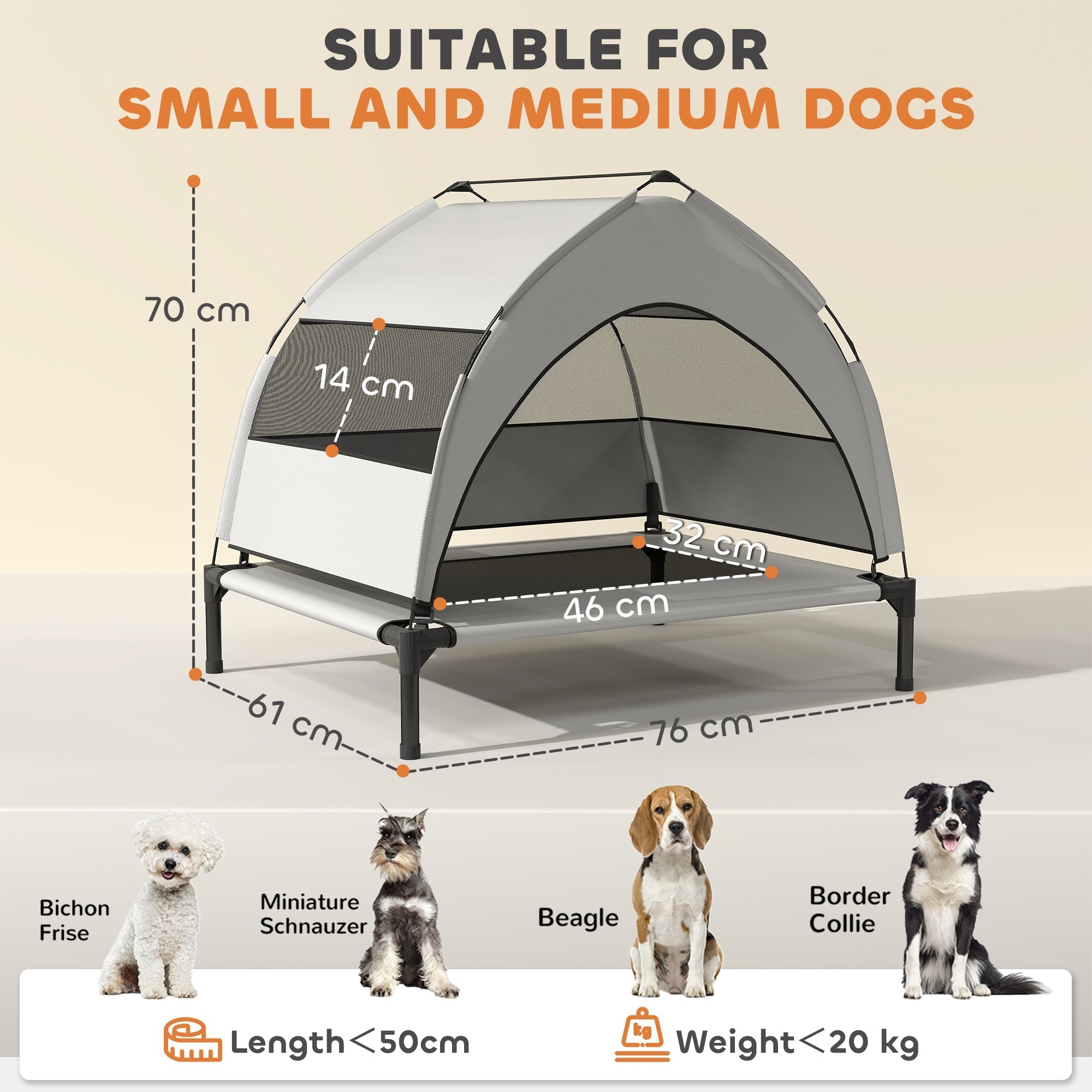 PawHut Portable Elevated Dog Bed with Removable Canopy, Cooling Raised Pet Cot for Small Medium Dogs, 76 x 61 x 70 cm