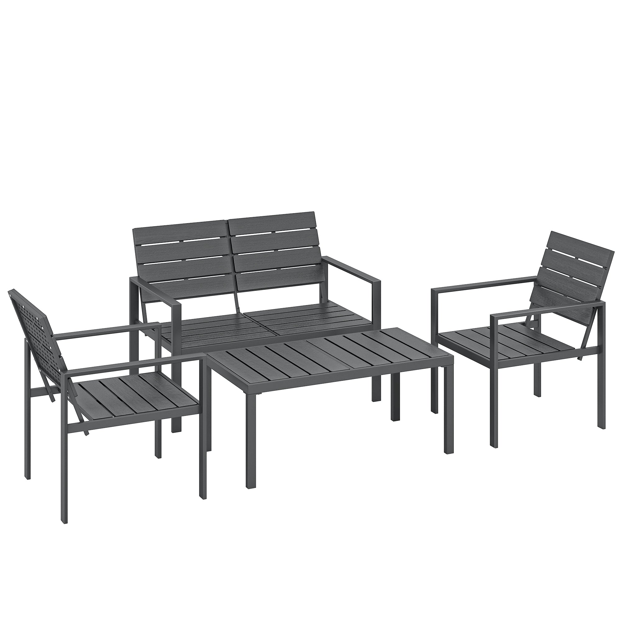 Outsunny 4 Piece Garden Furniture Set, Outdoor Sofa Set with HDPE Slatted Loveseat Armchairs Coffee Table Metal Frame, Dark Grey