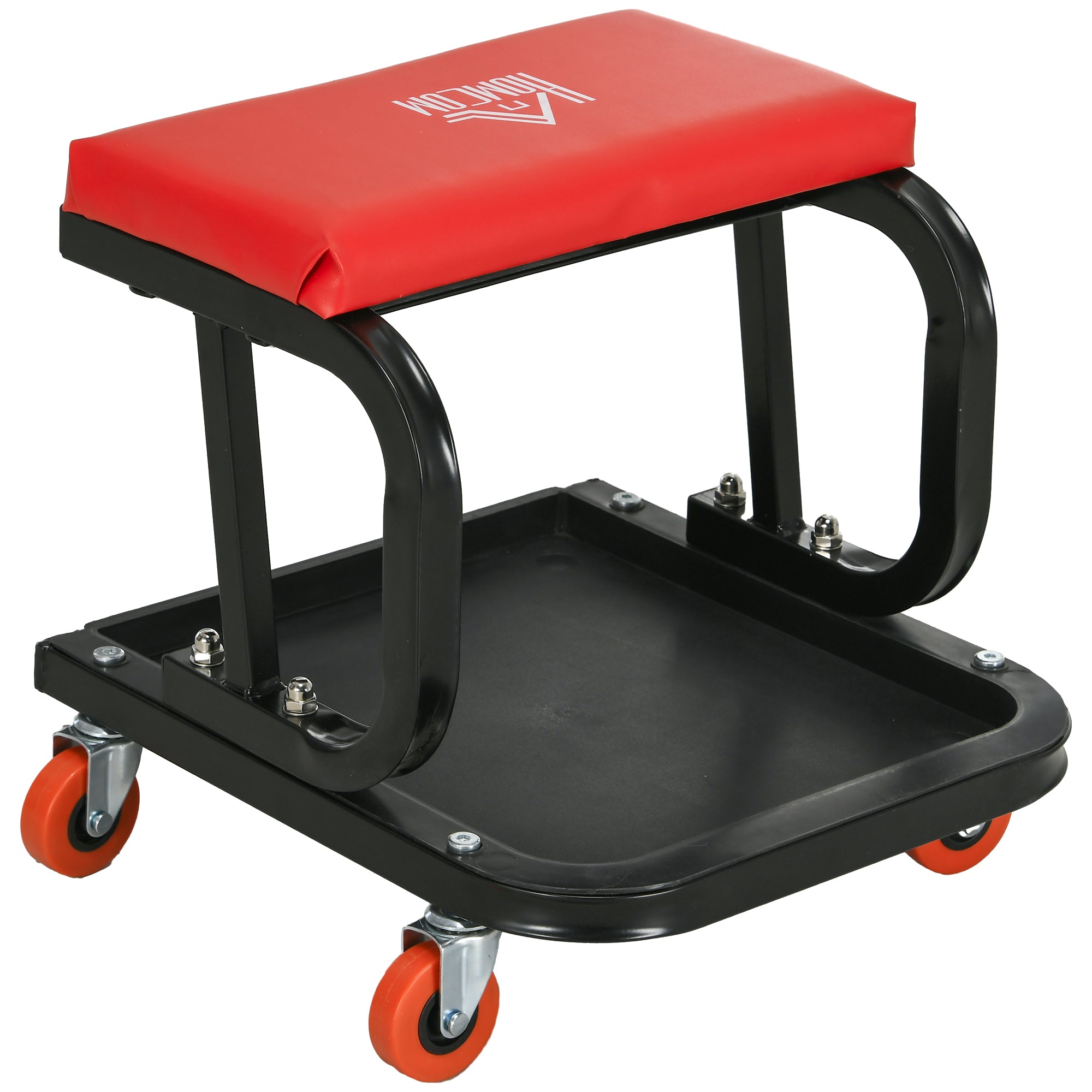 HOMCOM Workshop Stool, Rolling Machine Stool with 360√Ç¬∞ Swivel, Padded Seat, Tool Tray, Red