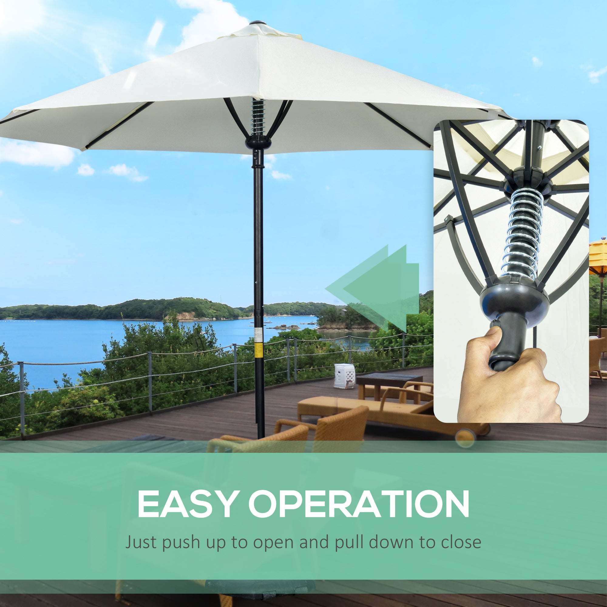 Outsunny Garden 3 m Parasol Umbrella, Outdoor Market Table Umbrella Sun Shade Canopy with 8 Ribs, Easy Push to Open, Cream