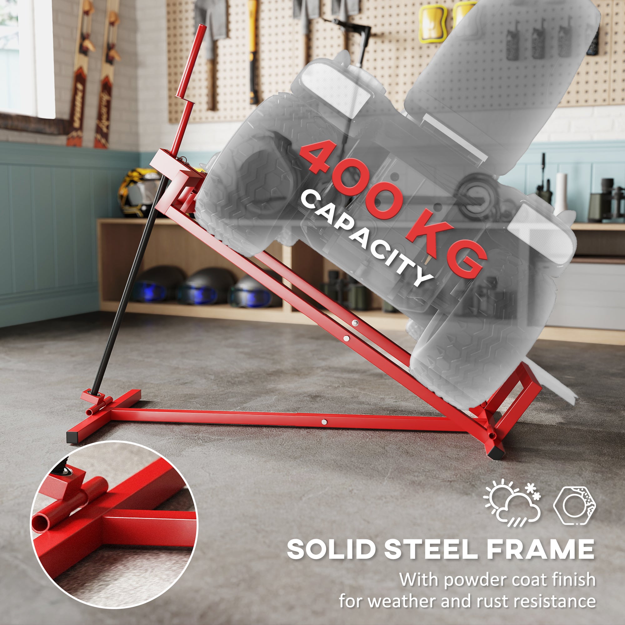 HOMCOM 400 kg Foldable Ride-On Mower Jack Lift, Adjustable Steel Lifting Device, for Lawn Mower, ATV, Red