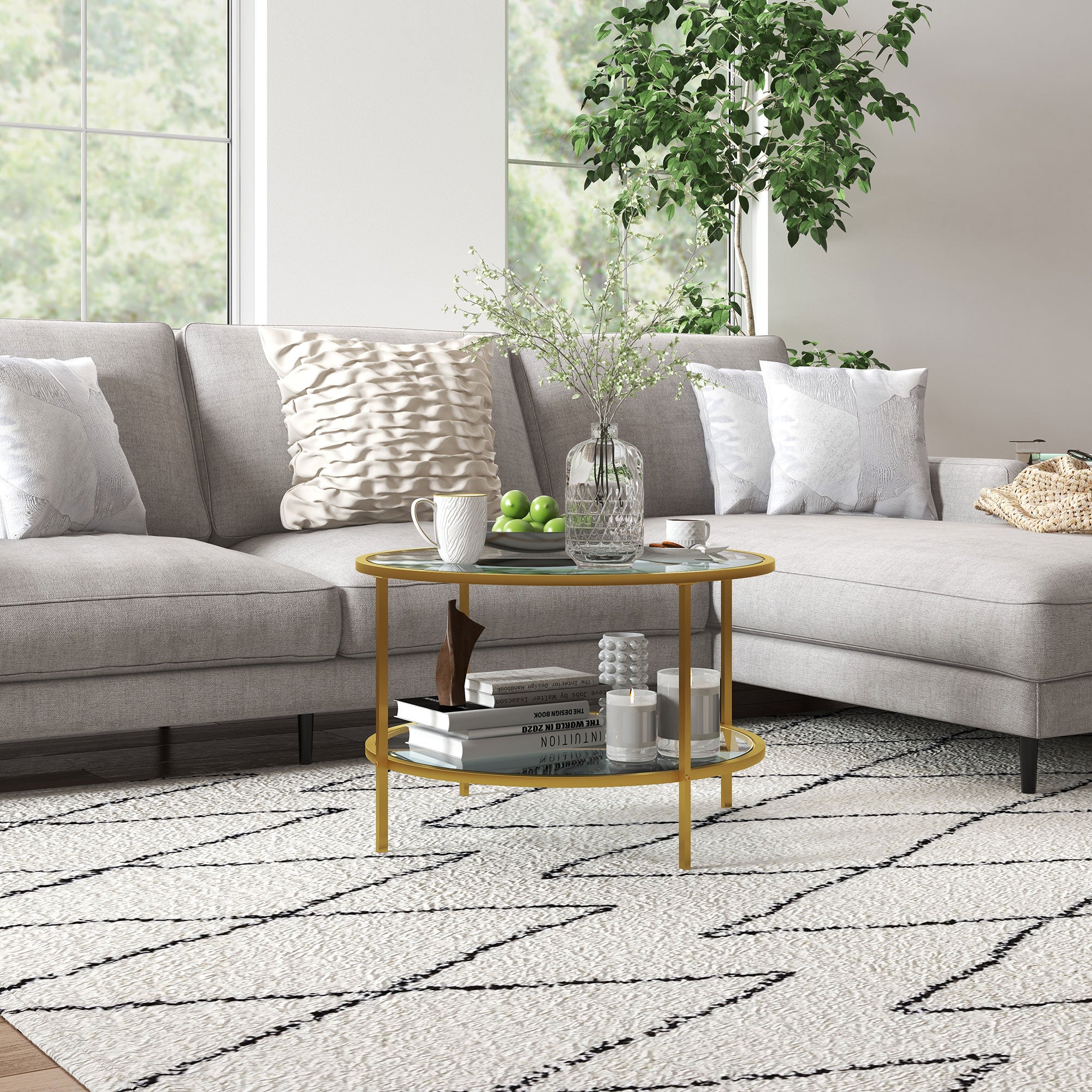 HOMCOM Round Coffee Table with Storage, 2-Tier Tempered Glass Coffee Table with Steel Frame for Living Room, Gold Tone