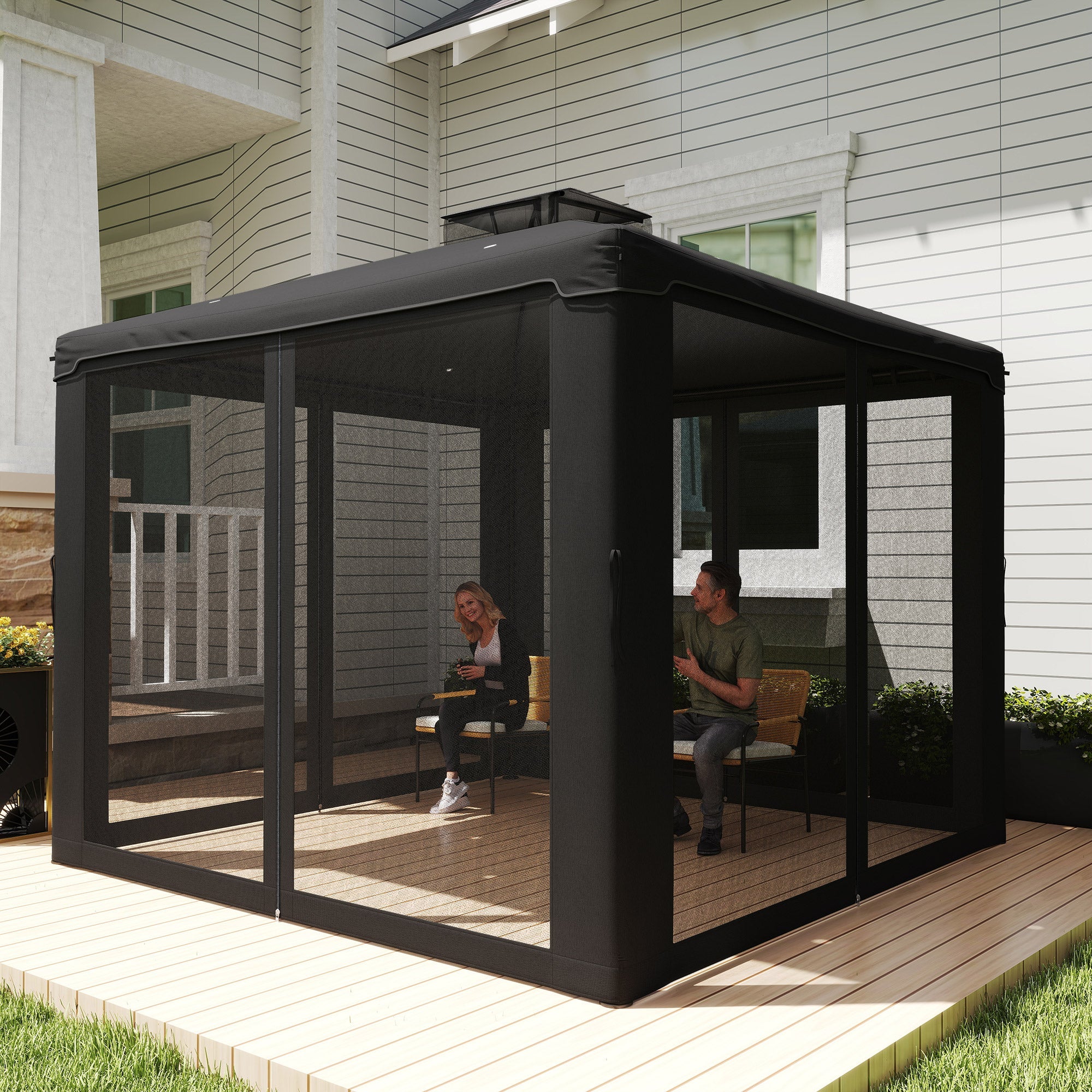 Outsunny 3 x 3 m Metal Gazebo, Garden Pavillion, DoubleÂ Roof Outdoor Canopy Shelter with Mesh Sidewalls, Black