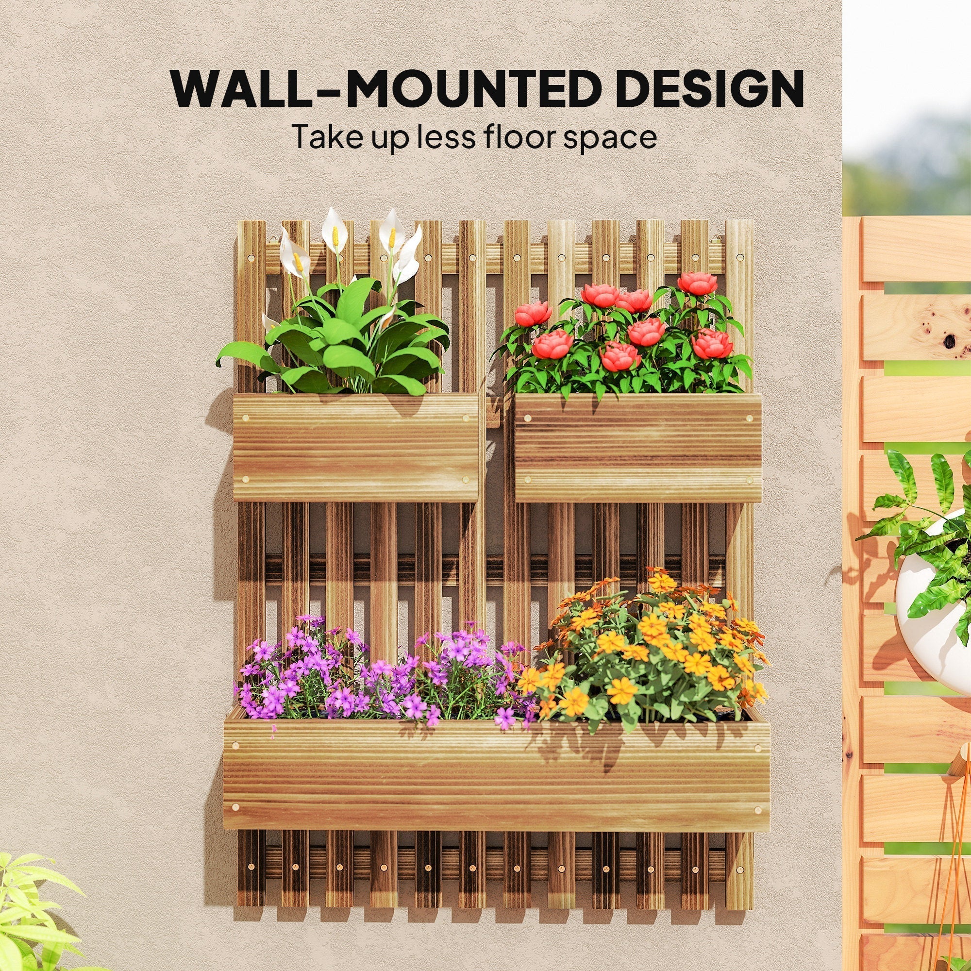 Outsunny Wall-mounted Wooden Garden Planters with Trellis, Drainage Holes and 3 Planter Boxes for Patio, Carbonised