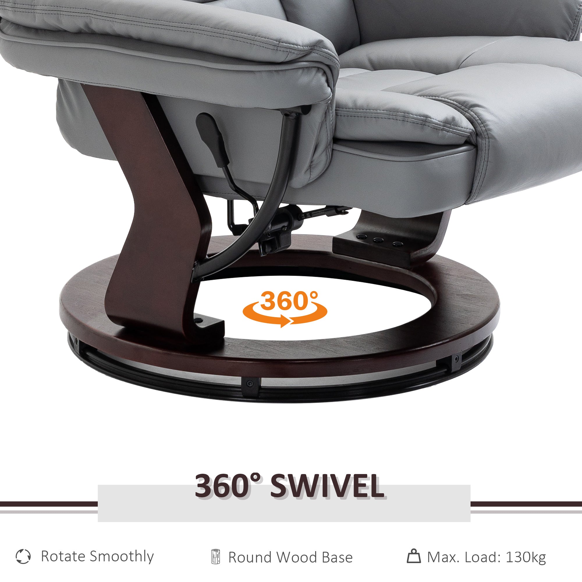HOMCOM Recliner Chair With footstool, Recliner Armchair up to 130kg Weight Capacity, 135 Reclining Swivel Sofa Chair, PU Leather Ergonomic Couch Bed with Swivel Wood Base for Living Room, Grey
