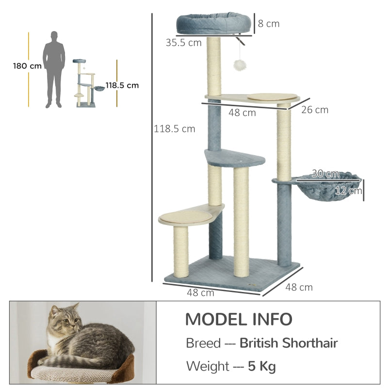 PawHut 118.5cm Cat Tree Tower with Scratching Posts, Mats, Hammock, Bed, Toy Ball