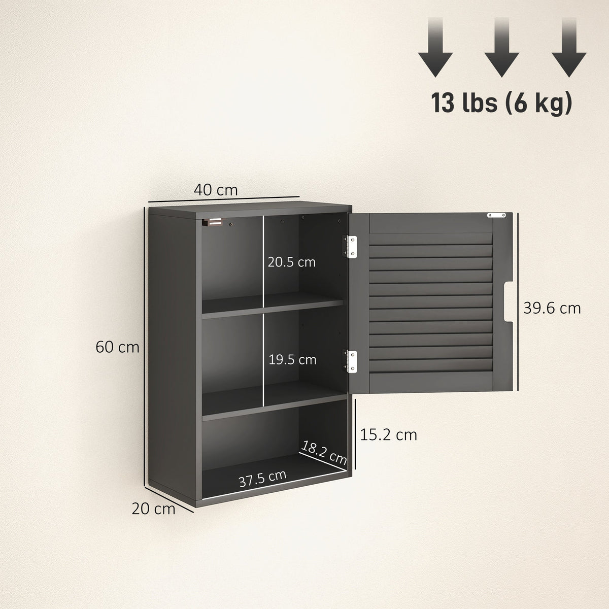 HOMCOM Bathroom Cabinet, Wall Mounted Storage Cabinet with Adjustable Shelves, 40 x 20 x 60 cm, Black