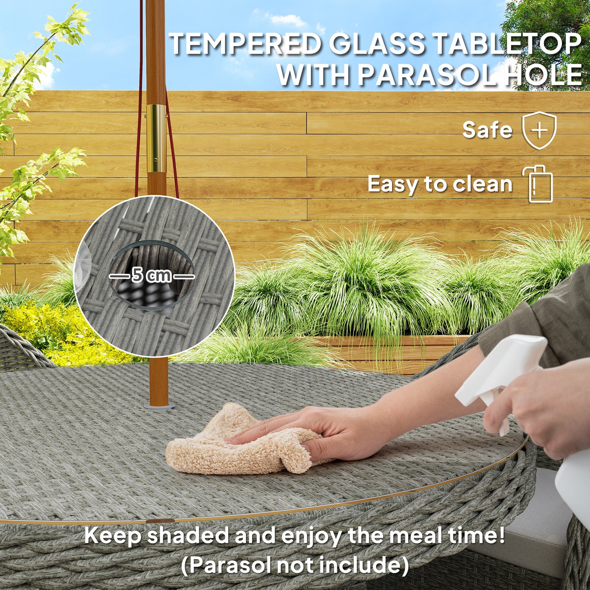 Outsunny 4 Seater Rattan Garden Furniture Set with Cushions, Round PE Rattan Dining Set with Glass-Top Table, Umbrella Hole, Outdoor Garden Table and Chairs, Grey