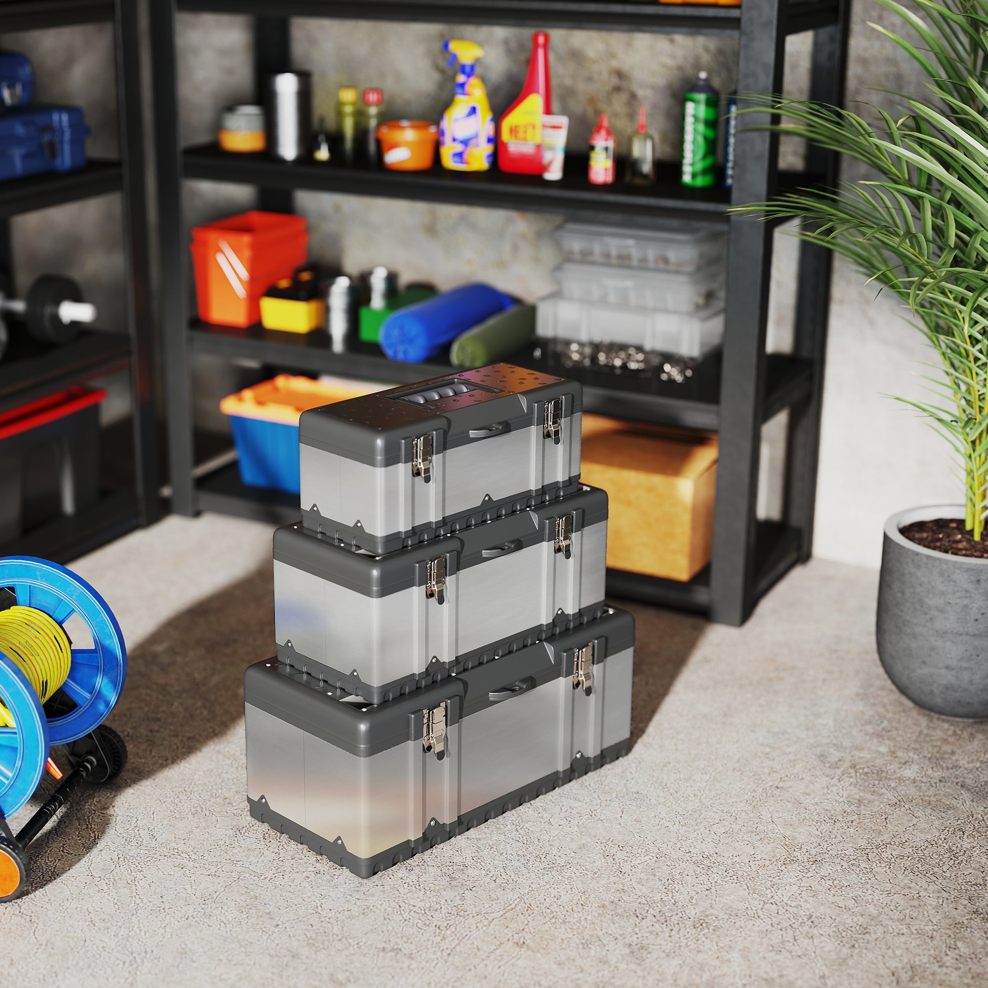 HOMCOM 3 Pieces Stainless Steel Toolbox Set, 23"/ 19"/ 16"