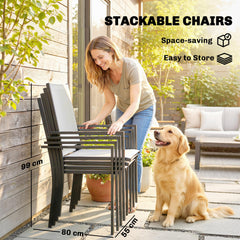 Outsunny Garden Dining Set for 4 with Umbrella Hole, Stackable Chairs and Rectangular Glass-Top Outdoor Table, Light Grey