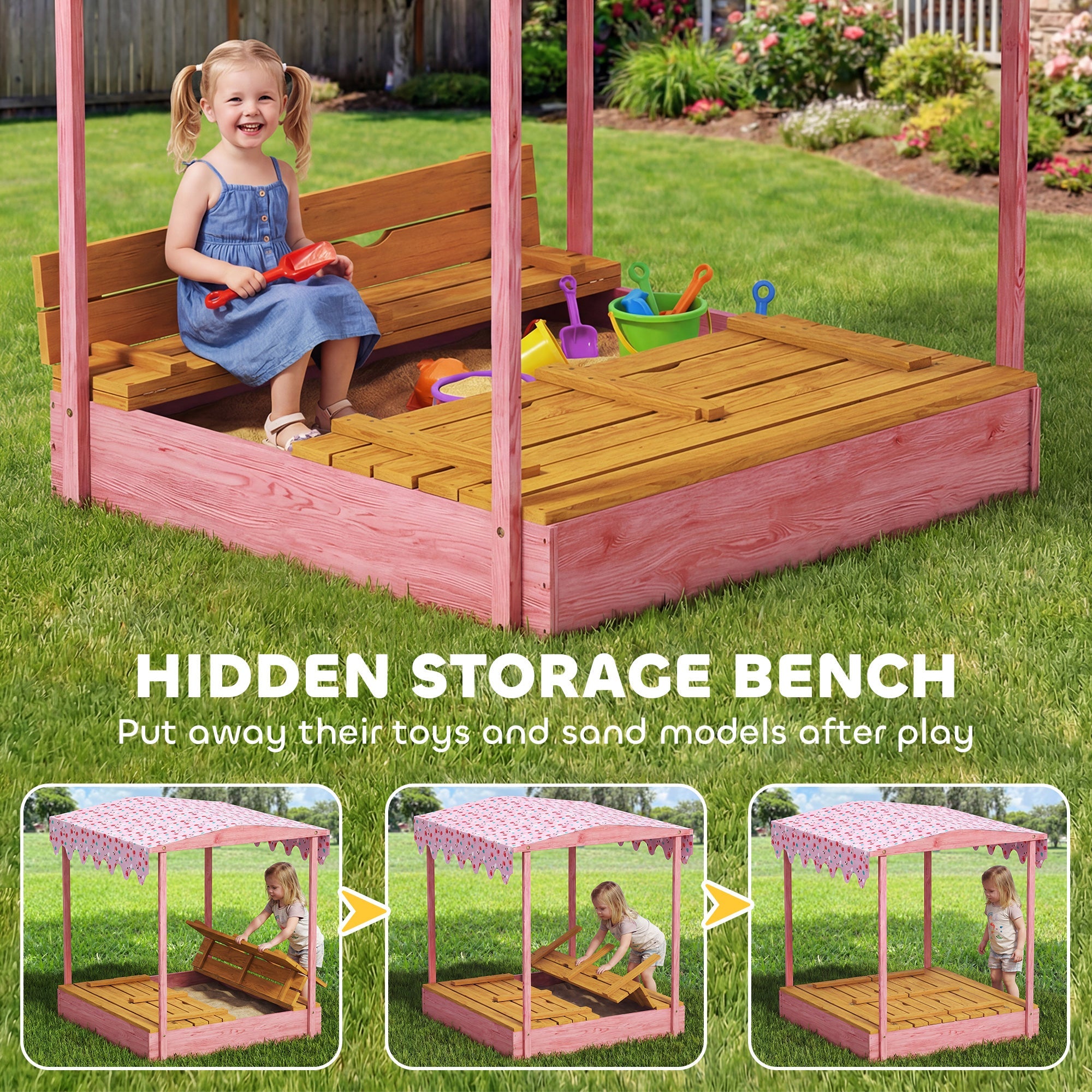 AIYAPLAY Wooden Sandbox with Lid, Flamingos Print Canopy, Kids Outdoor Sand Pit with Foldable Bench Seats, Bottom Liner, Pink