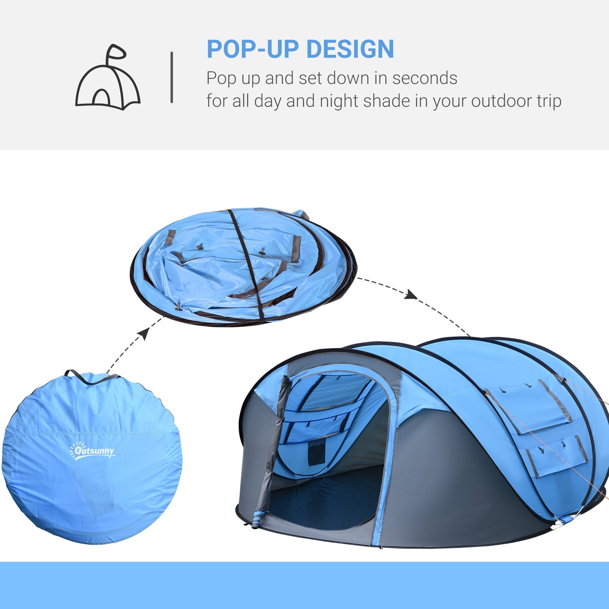 Outsunny 4 Person Pop-up Camping Tent Family Tent with Ground Sheet, 4 Windows and Portable Carry Bag for Beach Outdoor Trip, Sky Blue