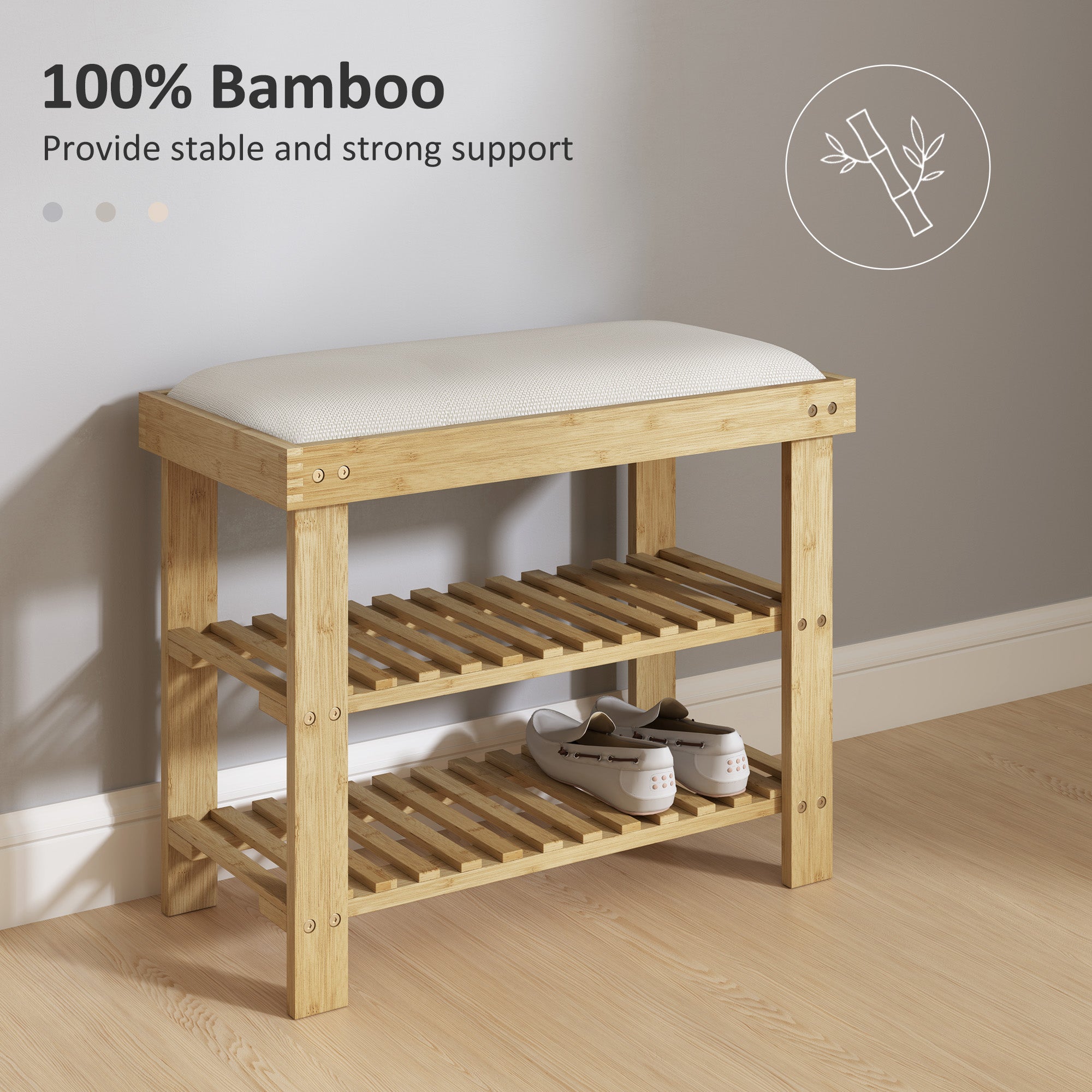 HOMCOM Bamboo Shoe Storage Bench, 3-Tier Shoe Bench with Seat Cushion, Shoe Rack for Entryway, Hallway, Living Room, Bedroom, Cream White