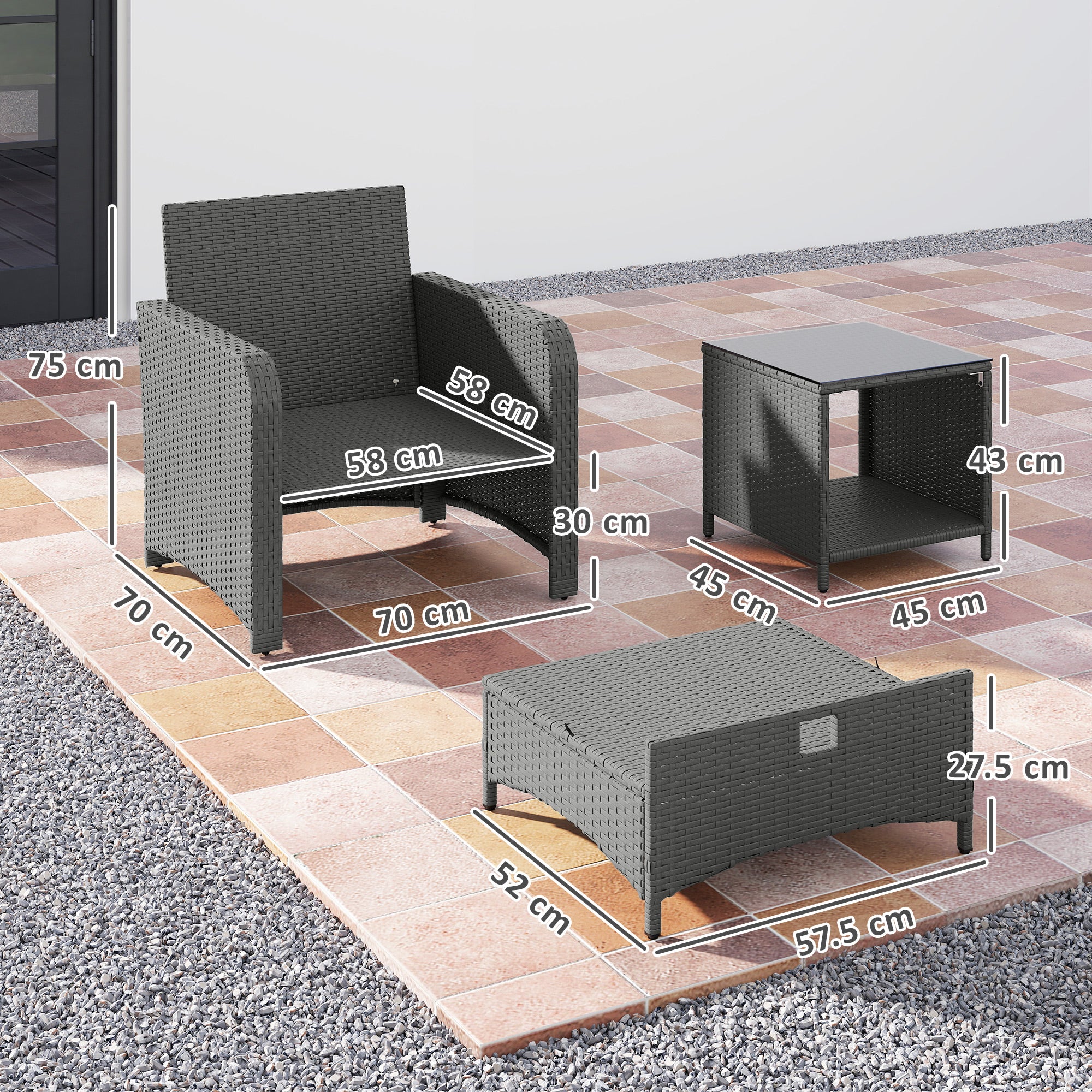 Outsunny Five Piece Rattan Garden Furniture Set with 2-Tier Coffee Table and Ottomans - Cream White