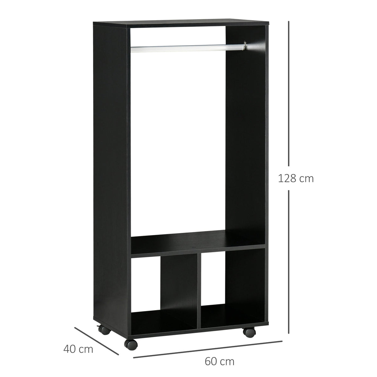 HOMCOM Open Wardrobe on Wheels, Bedroom Wardrobe with Clothes Hanging Rail, 2 Storage Shelves, Mobile Garment Rack for Cloakroom, Hallway, Black