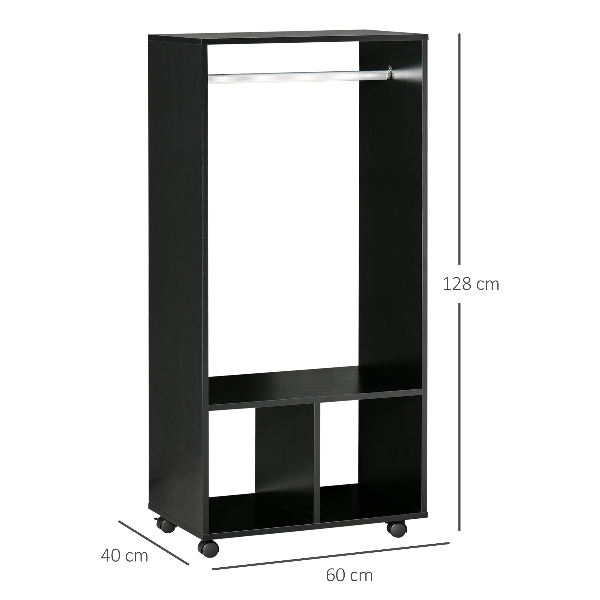 HOMCOM Open Wardrobe on Wheels, Bedroom Wardrobe with Clothes Hanging Rail, 2 Storage Shelves, Mobile Garment Rack for Cloakroom, Hallway, Black