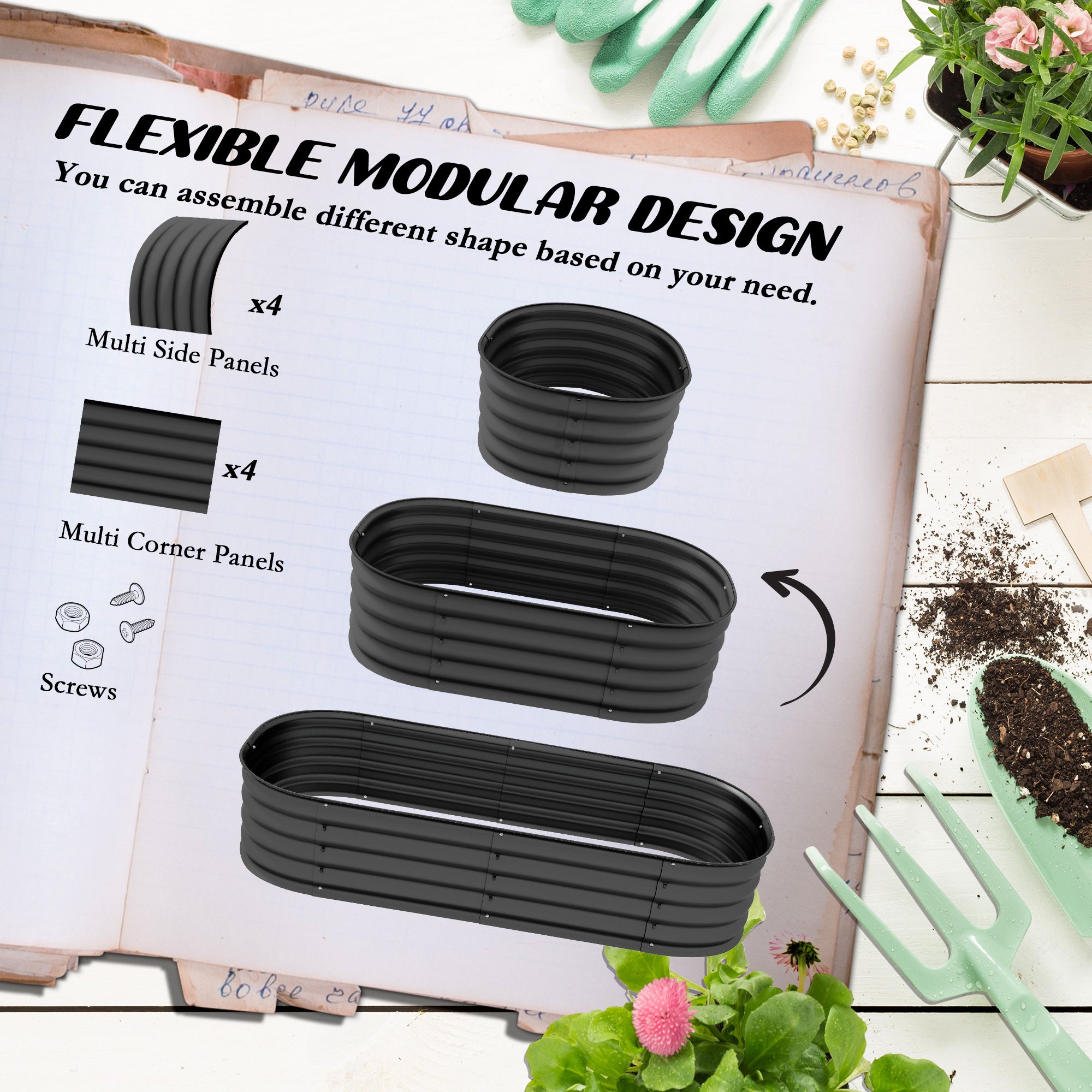 Outsunny Galvanised Raised Garden Bed, Metal Planter Box with Safety Edging, for Flowers, Herbs, Succulents, Pack of 2, Dark Grey