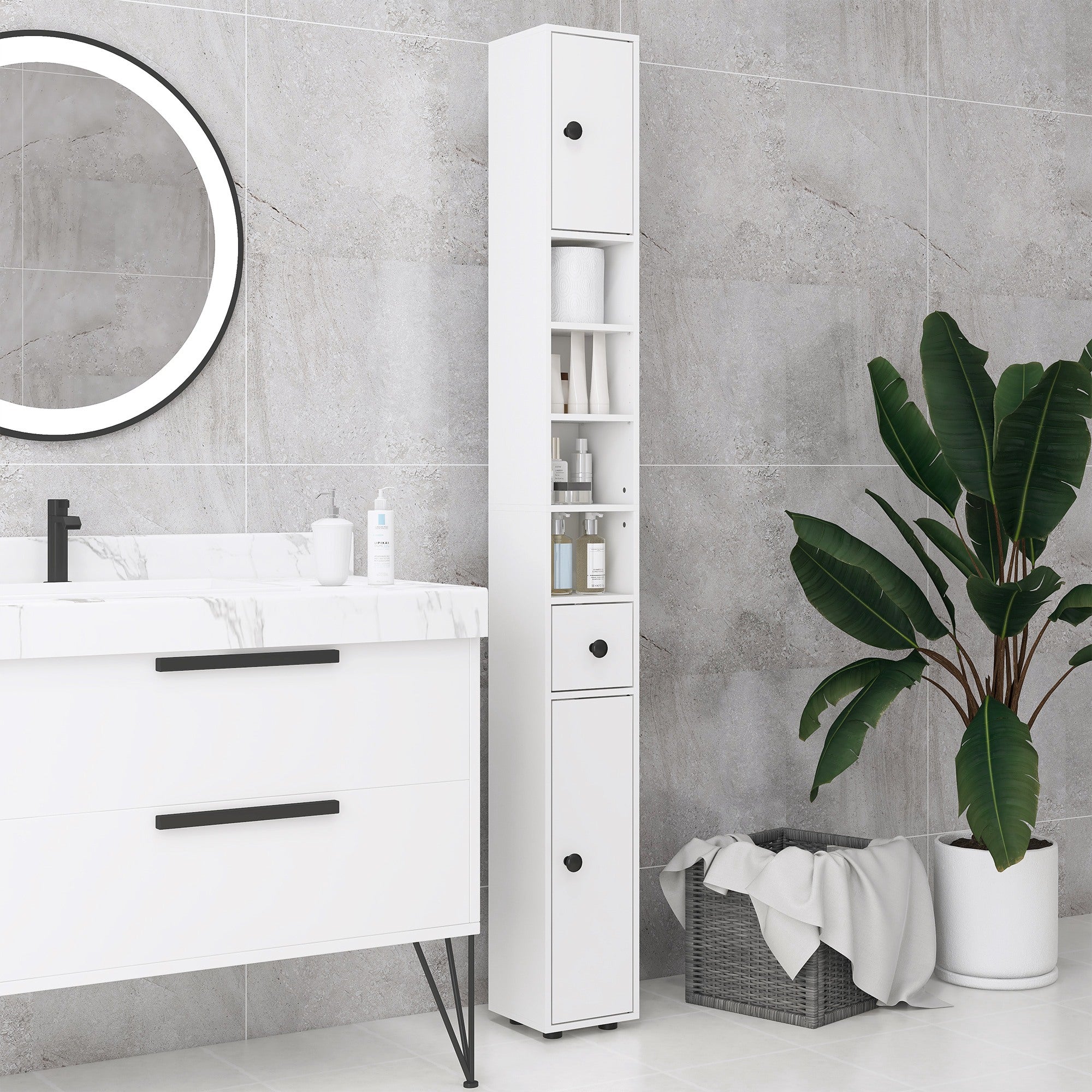 kleankin 180cm Slim Bathroom Cabinet, with Drawer, Shelves and Cupboards - White