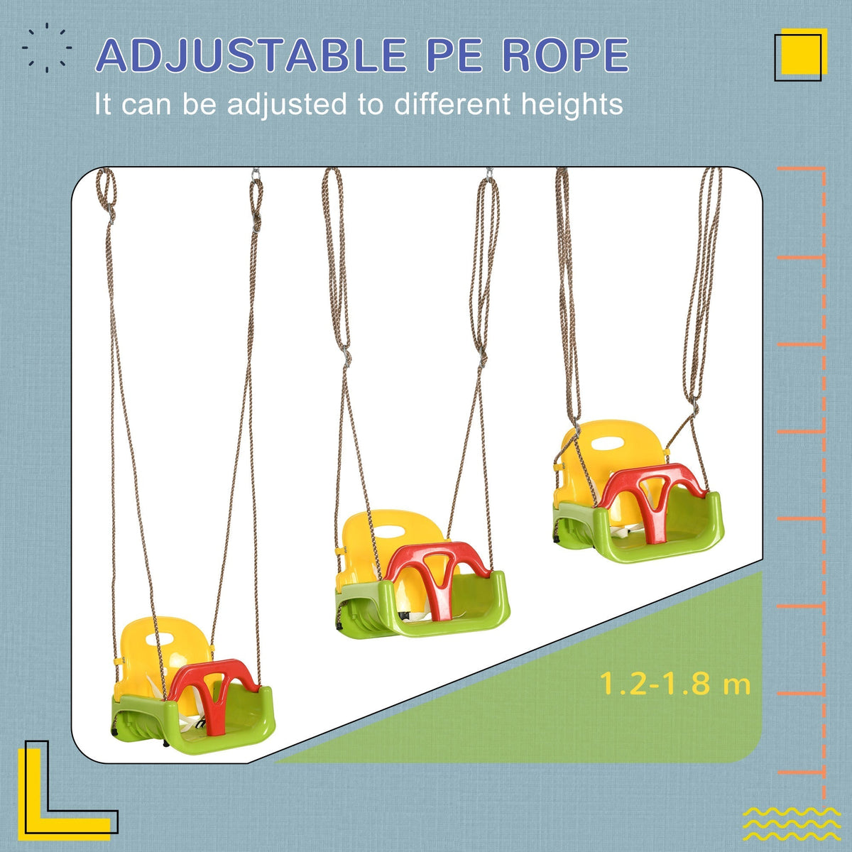 Outsunny 3 in 1 Detachable Kids Swing Seat with Safety Belt, Adjustable Rope for Indoor, Outdoor, Playground, Garden, Green