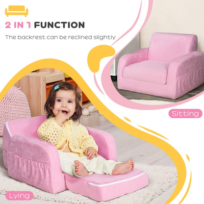 2-in-1 Kids Armchair, Toddler Sofa Bed, with Wood Frame, for Bedroom, Playroom - Pink