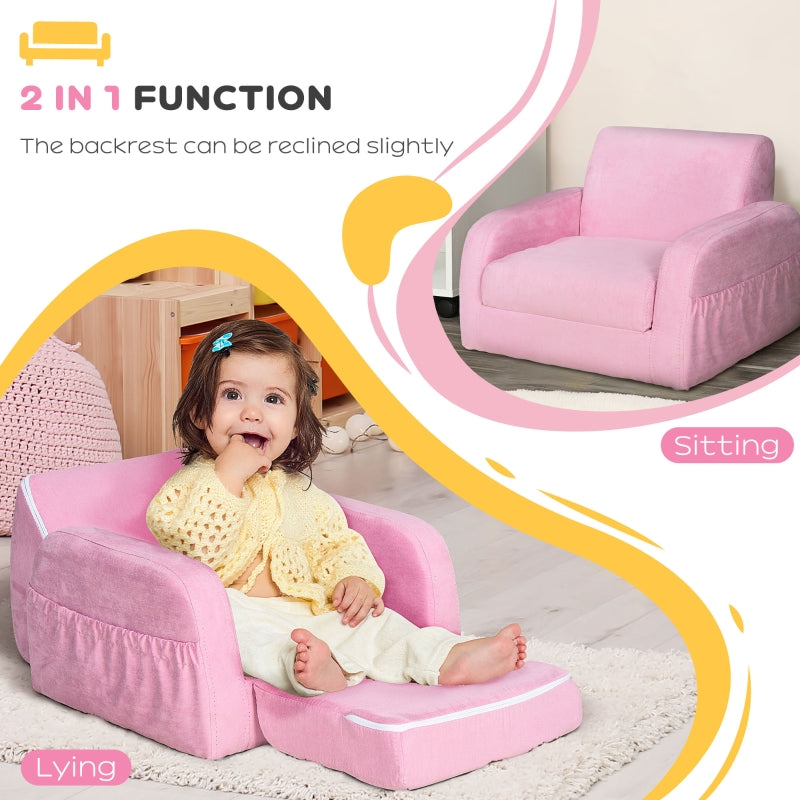 2-in-1 Kids Armchair, Toddler Sofa Bed, with Wood Frame, for Bedroom, Playroom - Pink