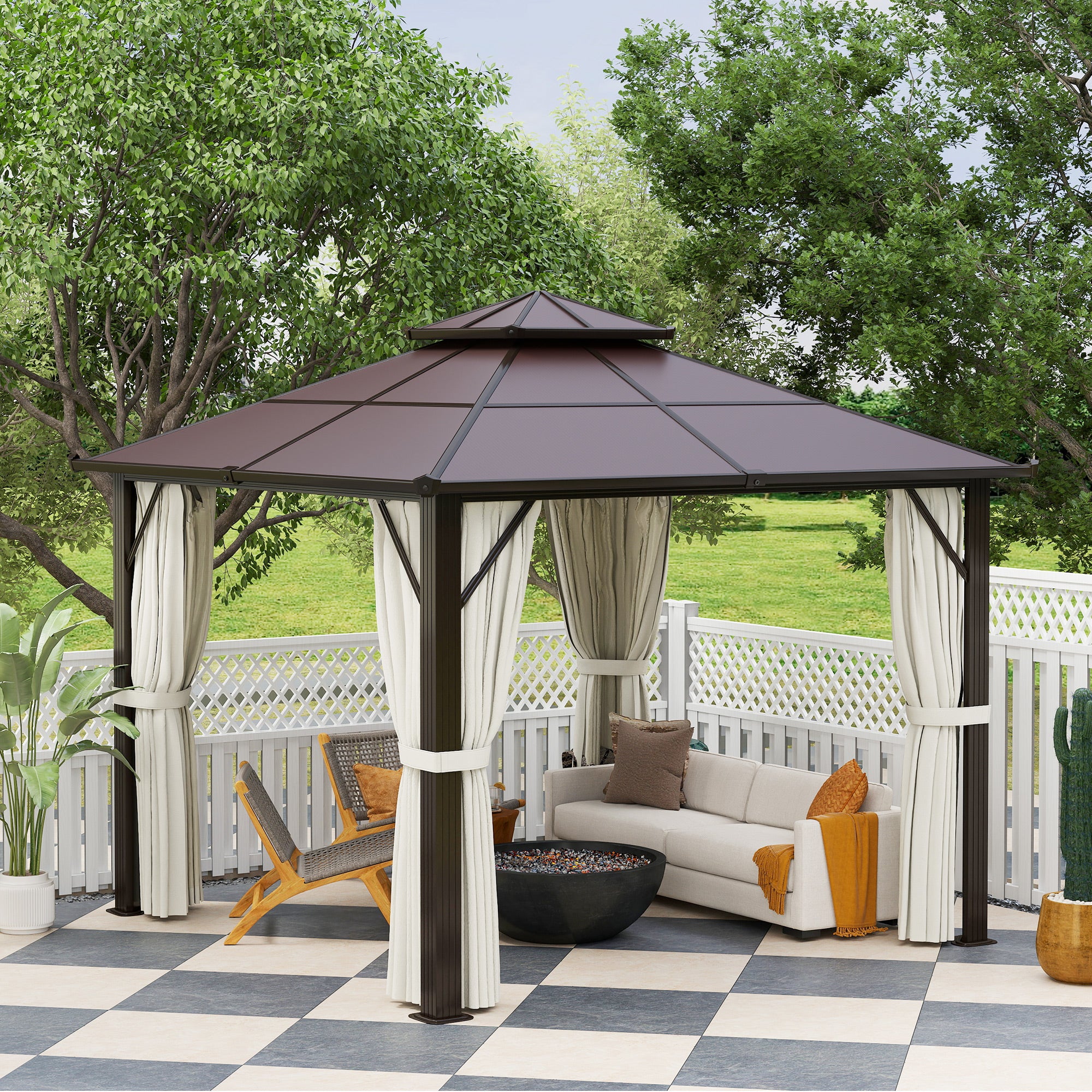 Outsunny 3 x 3(m) Hardtop Gazebo Canopy with UPF30+ Double Polycarbonate Roof, Aluminium Frame Garden Gazebo Permanent Pavilion with Mosquito Netting and Curtains for Patio, Deck, Beige