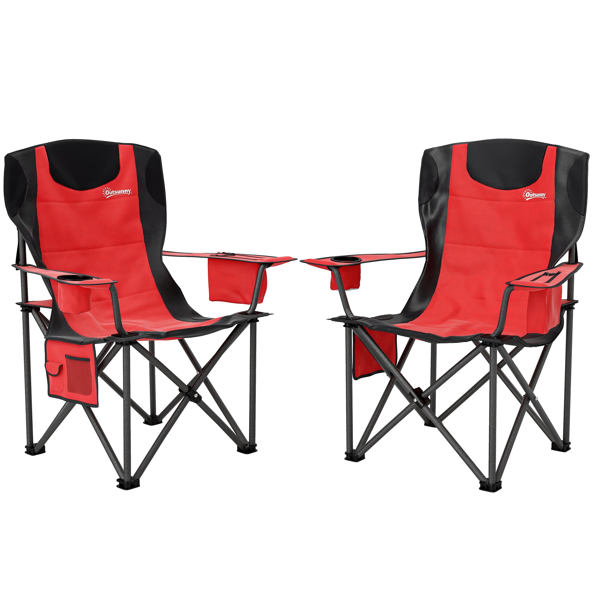 Outsunny Set of 2 Folding Camping Chairs, Padded Camping Chairs with Adjustable Armrests, Portable & Lightweight Folding Camp Chair with Cooler Bag, Cup Holder and Side Pockets, Red
