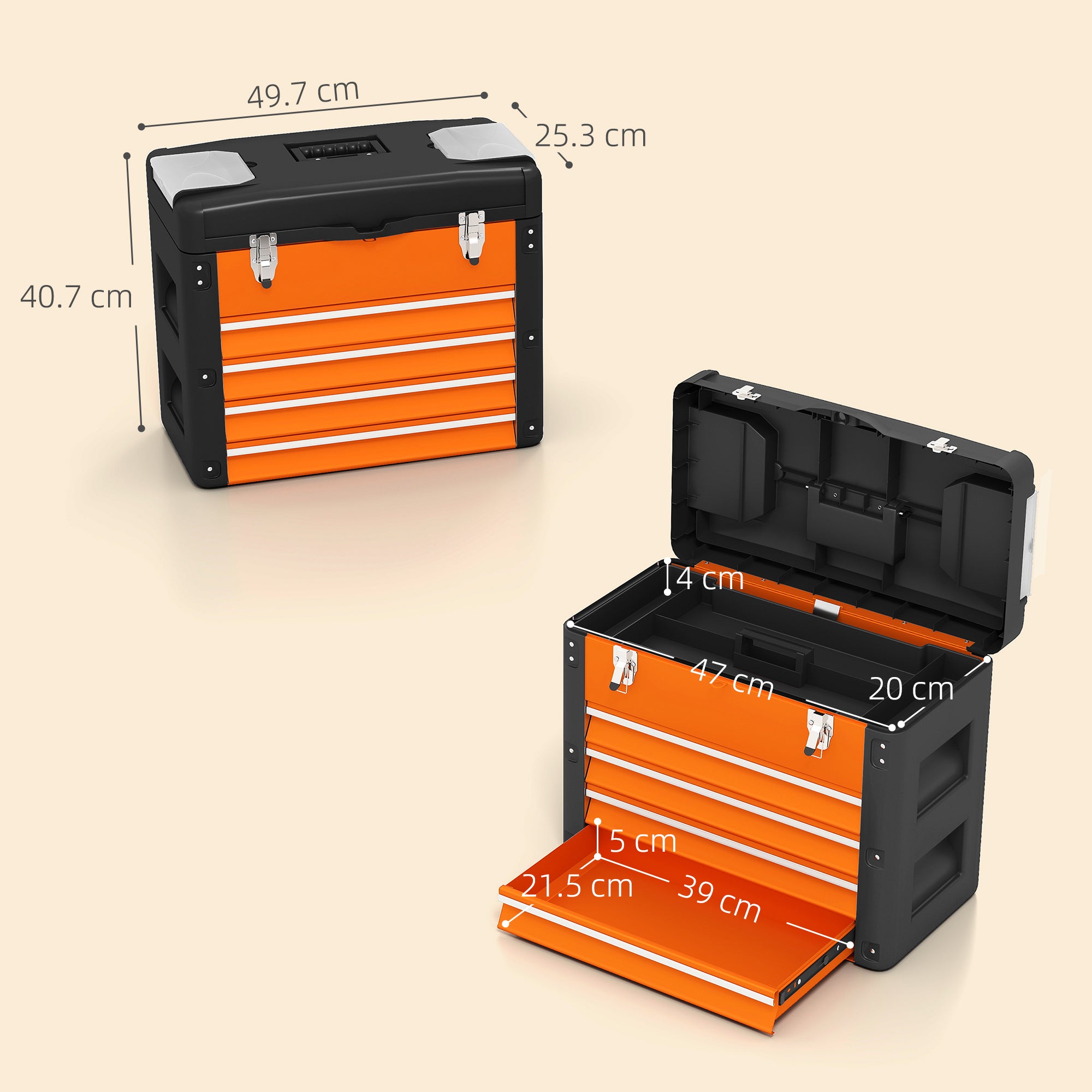 HOMCOM 4 Drawers Large Toolbox - Orange