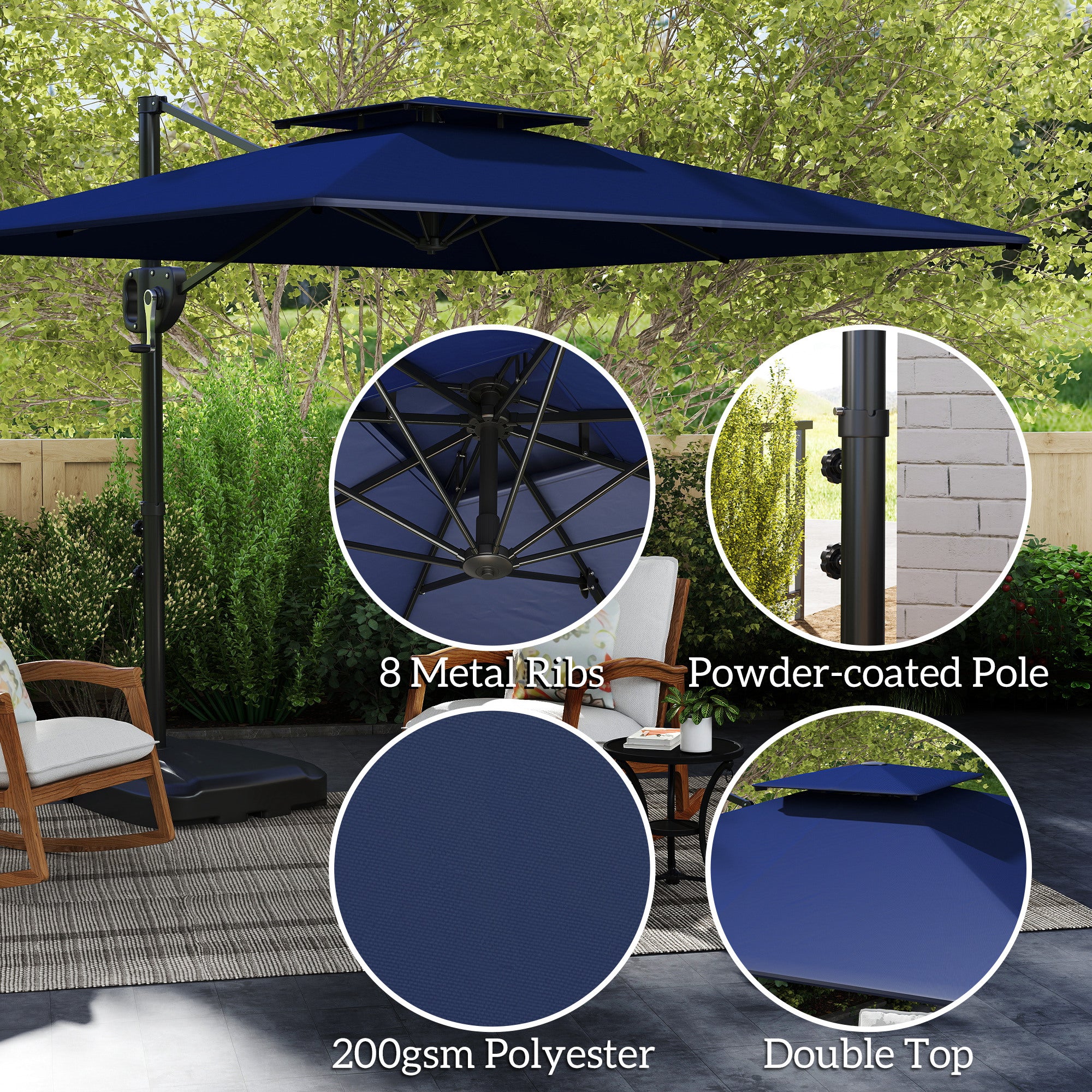 Outsunny Cantilever Parasol with Weighted Base Double Top Garden Parasol Square Hanging Patio Umbrella with Crank Tilt Dark Blue