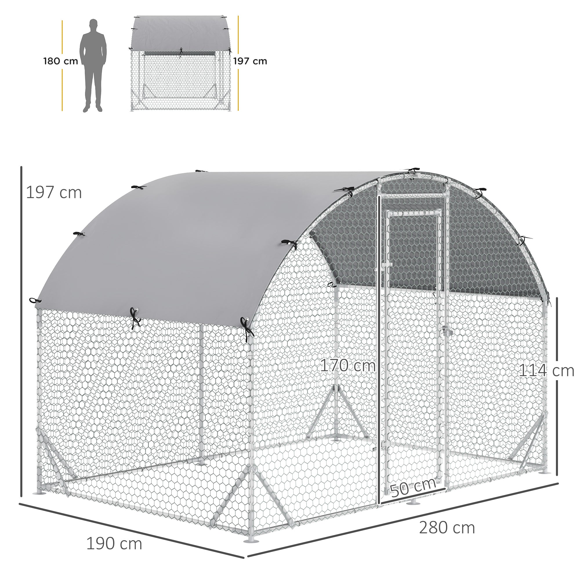 PawHut Walk In Chicken Run Galvanised Chicken Coop Hen Poultry House Cage Pet Playpen Garden with Water-Resist Cover, 2.8 x 1.9 x 2m