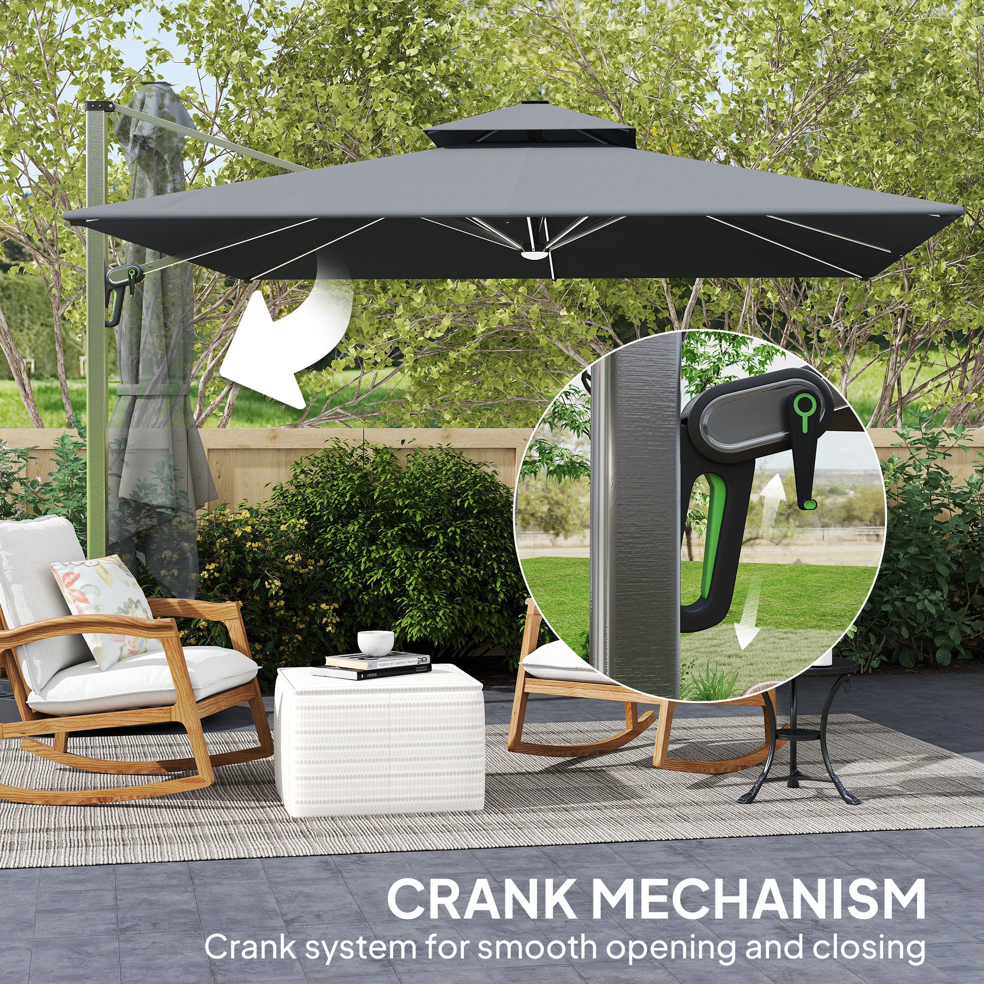 Outsunny 3(m) Garden Cantilever Parasol with Solar LED Lights, Cross Base, 360√Ç¬∞ Rotation, Crank Handle and Tilt, Grey