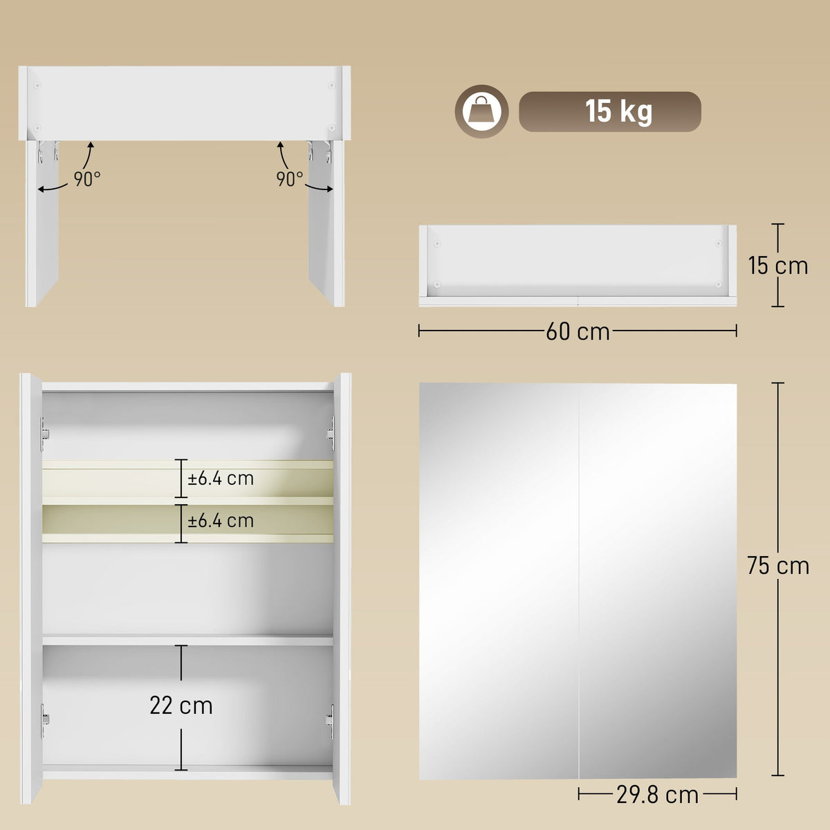 HOMCOM Wall Mounted Bathroom Mirror Storage Cabinet w/ Door Adjustable Shelf, White