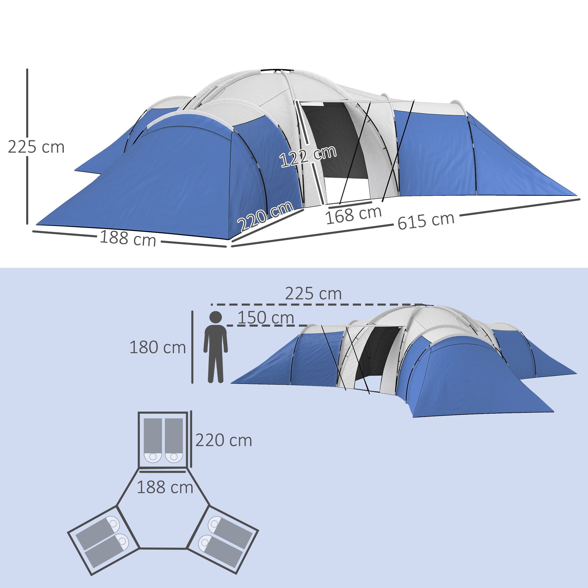 Outsunny 6-9 Man Tent with Bedrooms and Living Room, Accessories Included, Blue