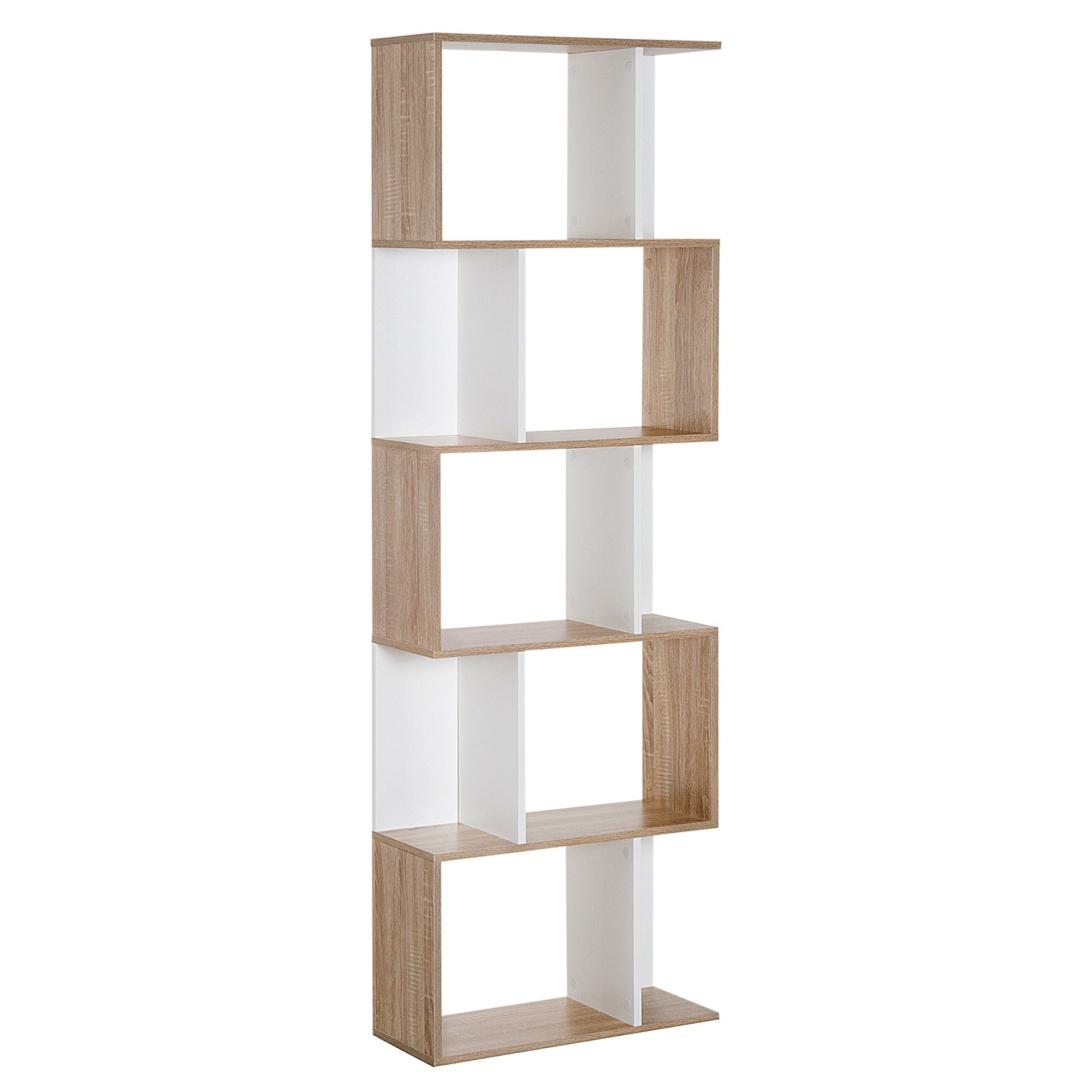 HOMCOM Bookcase, S-Shaped Wooden Bookshelf, 5/6 Tiers Freestanding Storage Shelf, Home Office Decorative Display Stand Rack, Oak and White, 24D x 60W x 184.5H