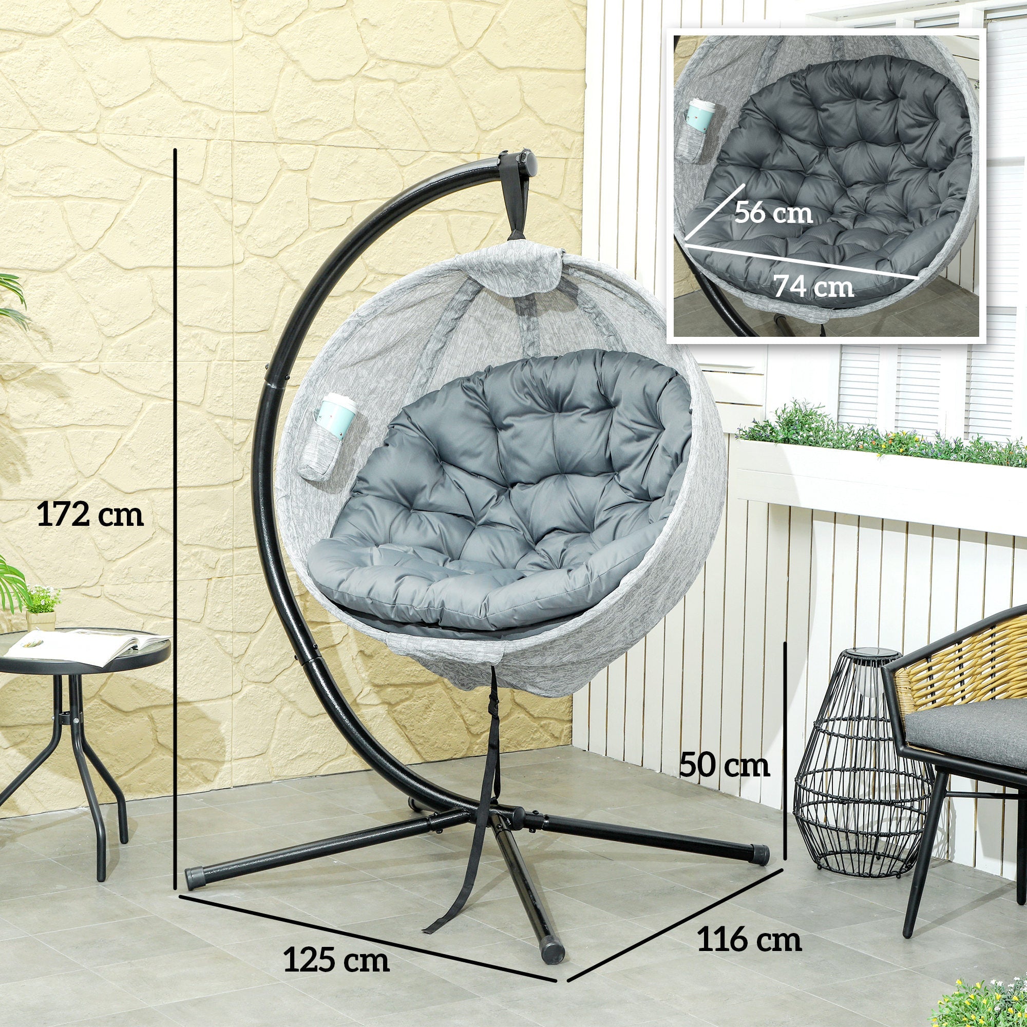 Outsunny Hanging Egg Chair Outdoor Indoor Garden Swing Chair with Folding Basket, Thickened Cushion, Cup Holder for Patio, Balcony, Grey