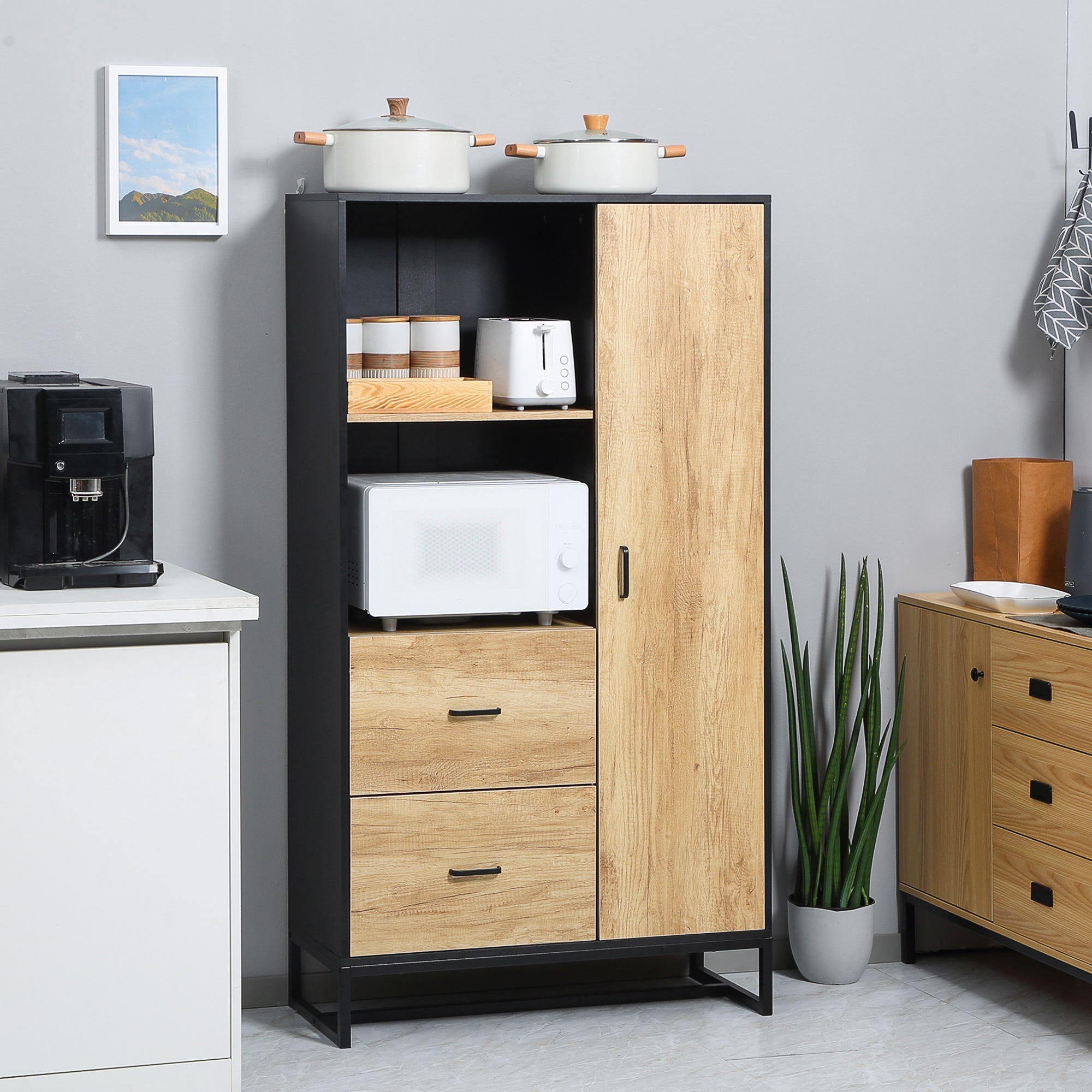 HOMCOM Kitchen Cupboard, Freestanding Microwave Stand with Adjustable Shelves, Drawers and Metal Base, 160cm