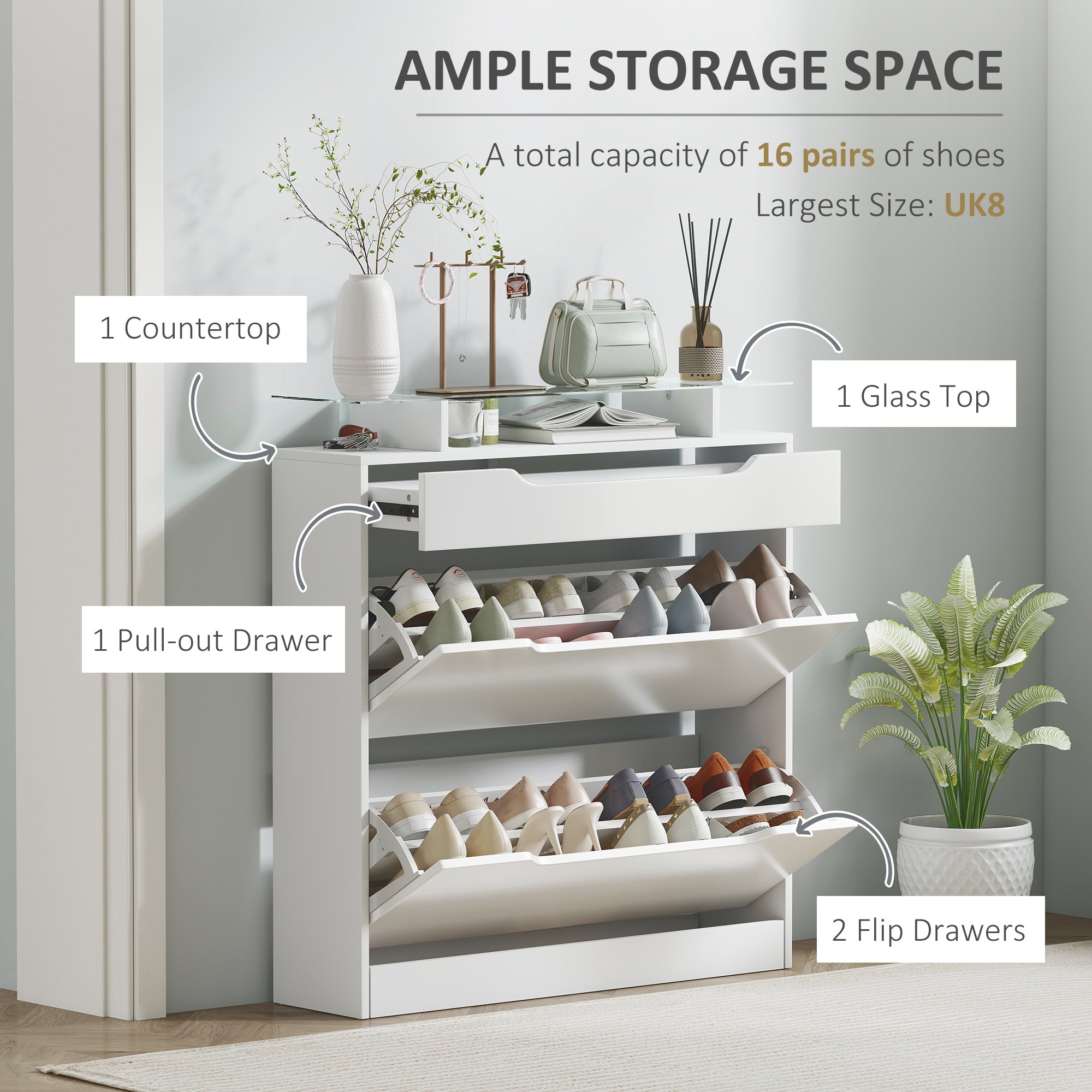 HOMCOM Shoe Storage Cabinet with Slide Out Drawer, 2 Flip Doors, Tempered Glass Top - White