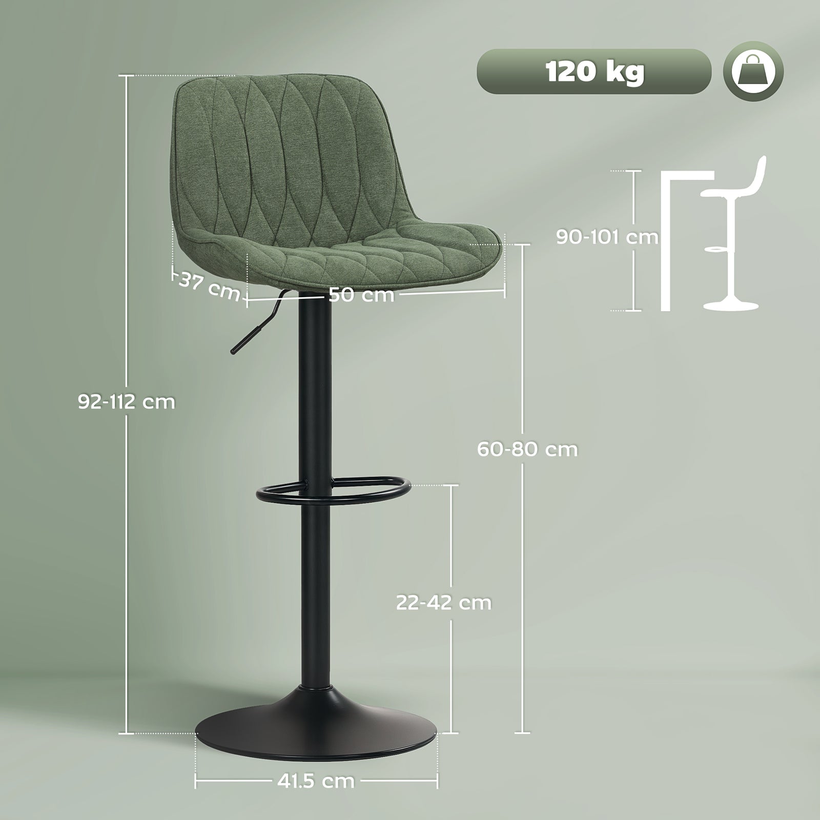 HOMCOM Breakfast Bar Stools Set of 2 Linen upholstery 60-80cm Adjustable Height - Green