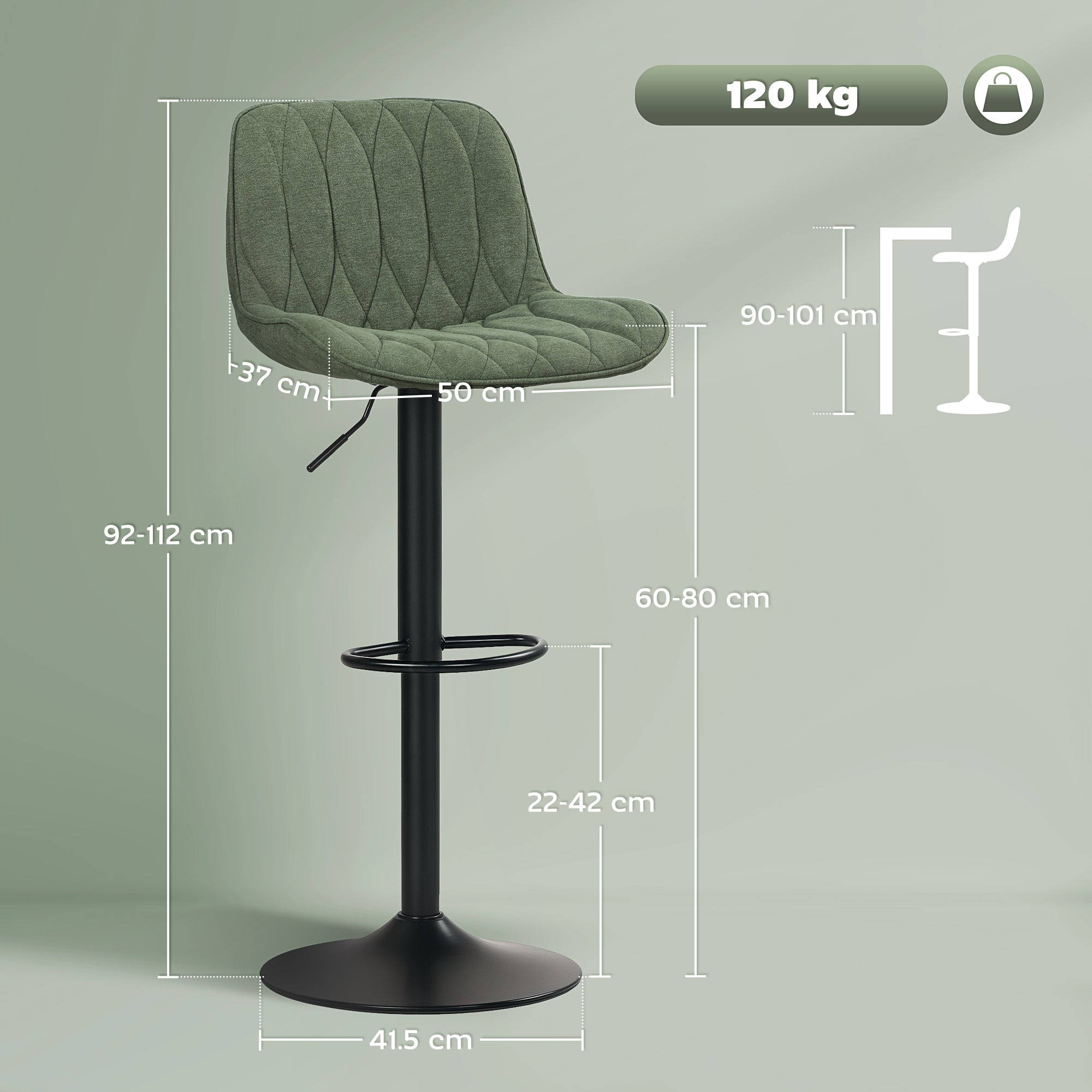 HOMCOM Set of Two Linen-Look Bar Stools - Green