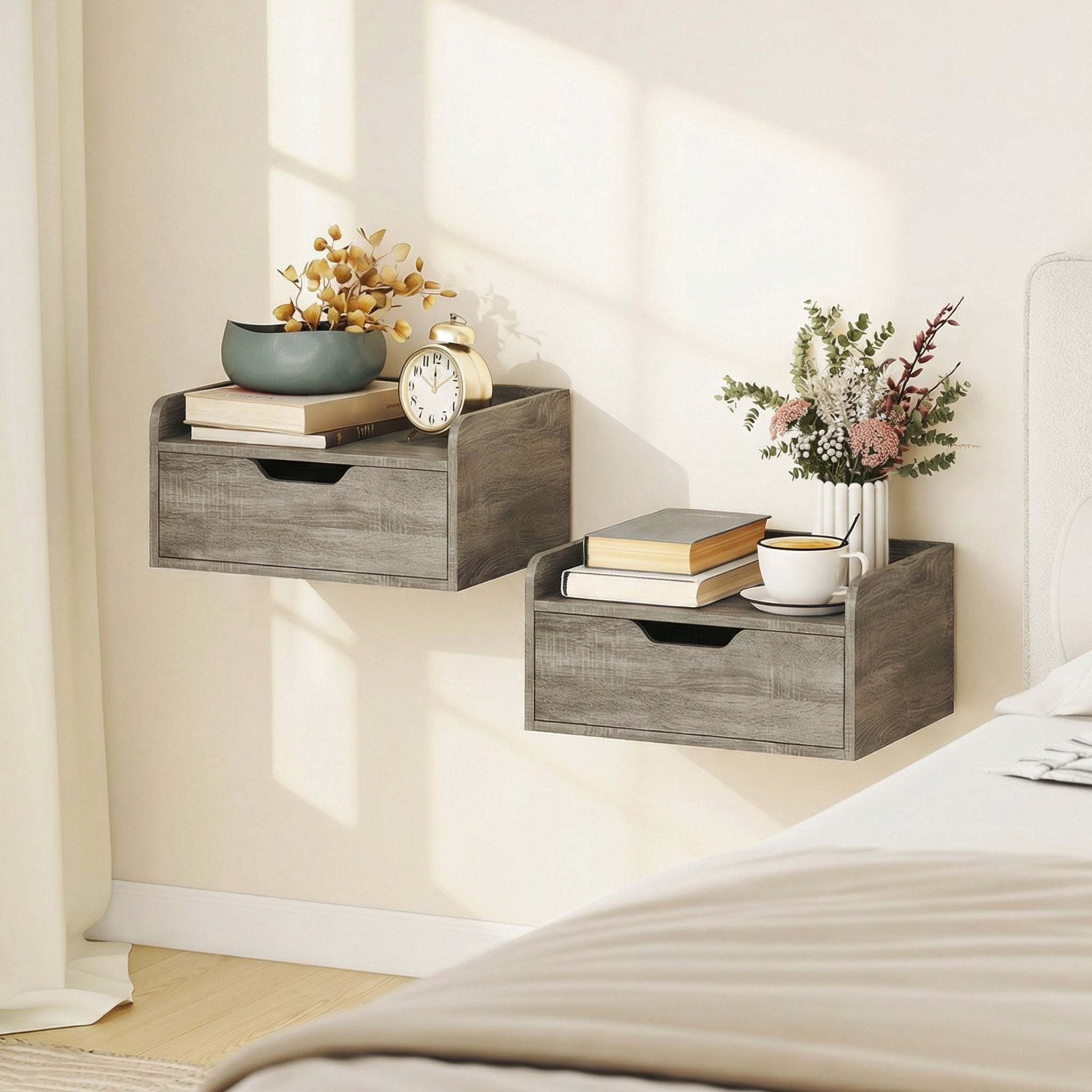 HOMCOM Floating Nightstands Set of 2, Wall Mounted Bedside Table with Drawer for Bedroom, Grey Wood Effect