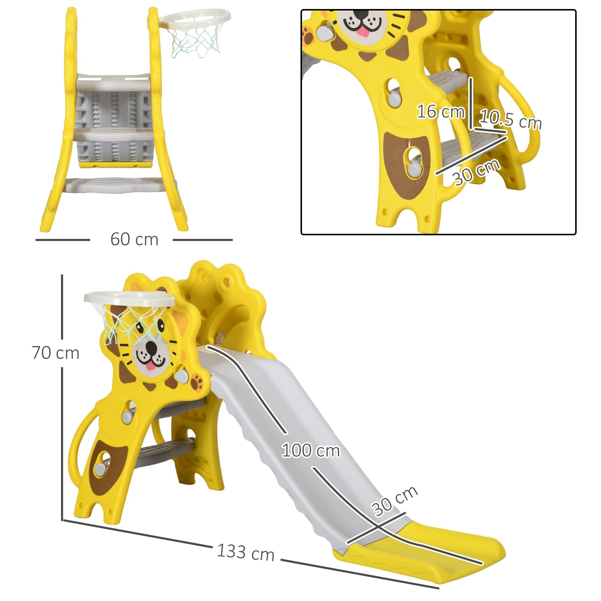 AIYAPLAY Baby Slide with Basketball Hoop, Climber, Easy to Assemble Kids Slide for Indoor Use, for Ages 18-36 Months - Yellow