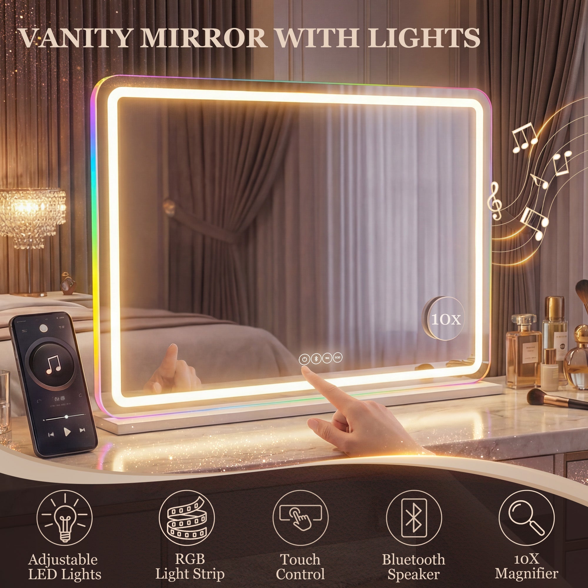 HOMCOM Vanity Mirror with Lights, Dimmable Makeup Mirror with Adjustable Colour Temperature, RGB Light, Bluetooth Speaker White