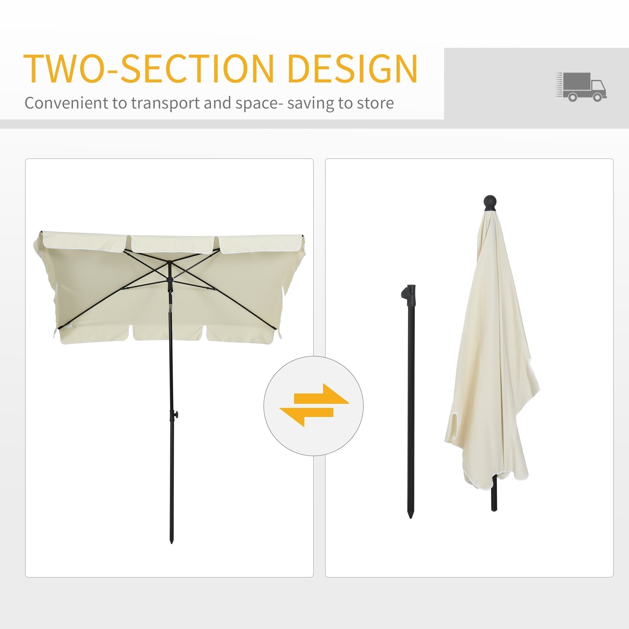 Outsunny 2 x 1.3m Garden Parasol Umbrella, Outdoor Market Table Umbrella with Ruffles & Aluminium Pole, Rectangular Tilting Parasol Sun Shade Canopy, Cream White