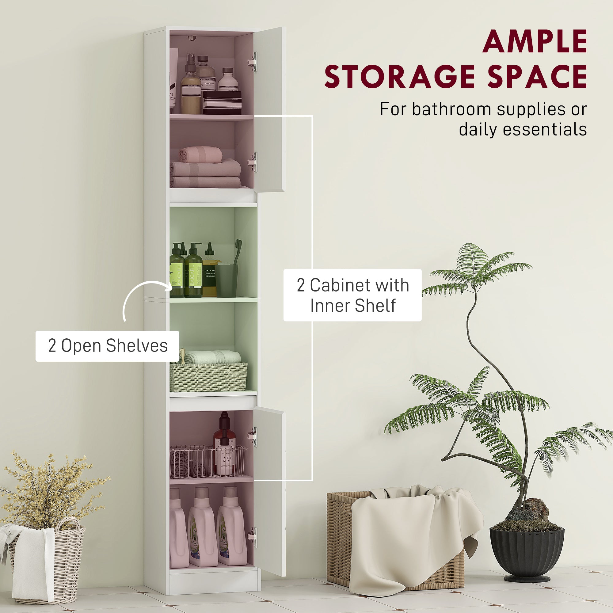 HOMCOM Narrow Bathroom Cabinet, Slim Bathroom Storage Unit with Open Compartment, Freestanding Storage Cupboard with Adjustable Shelves for Small Spaces, 30 x 24 x 170 cm, White